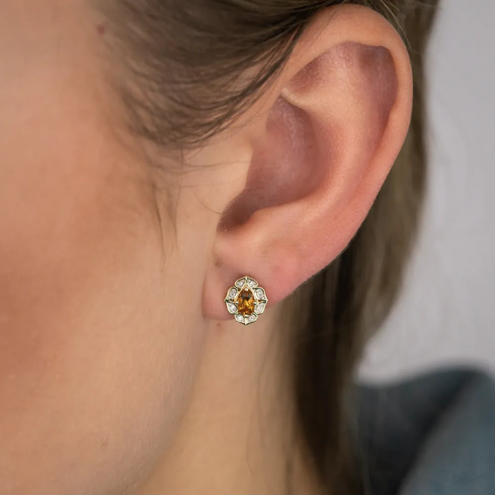 0.50 Carat Citrine Oval and Diamond Stud Earrings in 9ct Yellow Gold