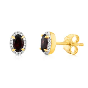 0.66 Carat Red Garnet and Diamond Stud Earrings in 9ct Yellow Gold