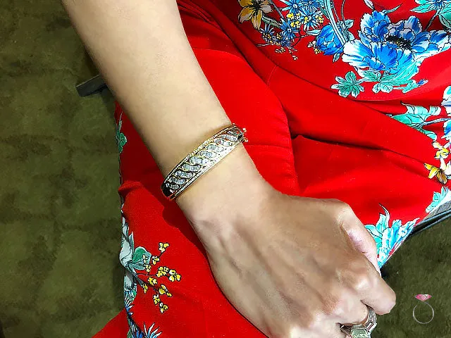 18K Yellow Gold Diamond Bangle Bracelet, Round & Baguette Diamonds 2.48 ctw.
