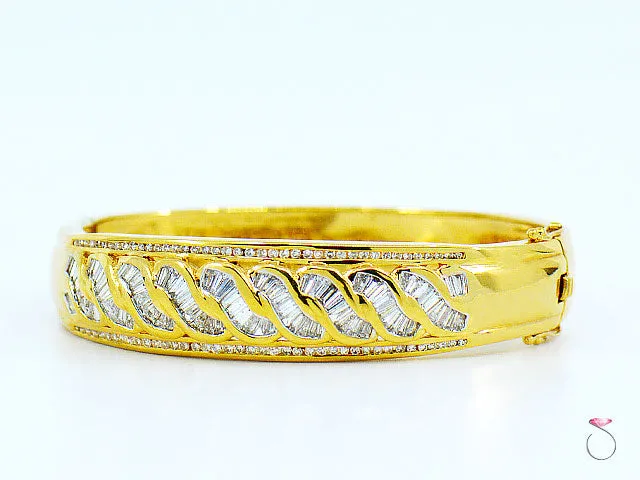 18K Yellow Gold Diamond Bangle Bracelet, Round & Baguette Diamonds 2.48 ctw.