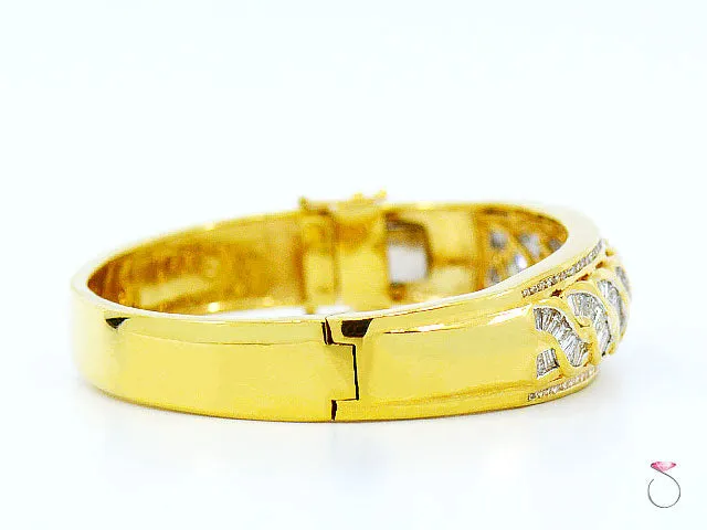 18K Yellow Gold Diamond Bangle Bracelet, Round & Baguette Diamonds 2.48 ctw.