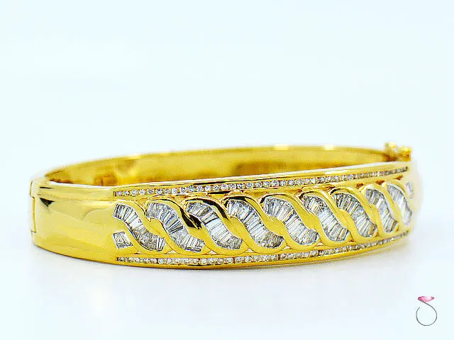 18K Yellow Gold Diamond Bangle Bracelet, Round & Baguette Diamonds 2.48 ctw.