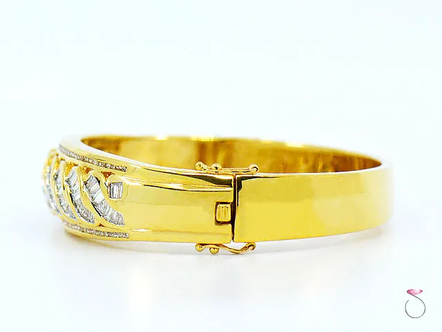 18K Yellow Gold Diamond Bangle Bracelet, Round & Baguette Diamonds 2.48 ctw.