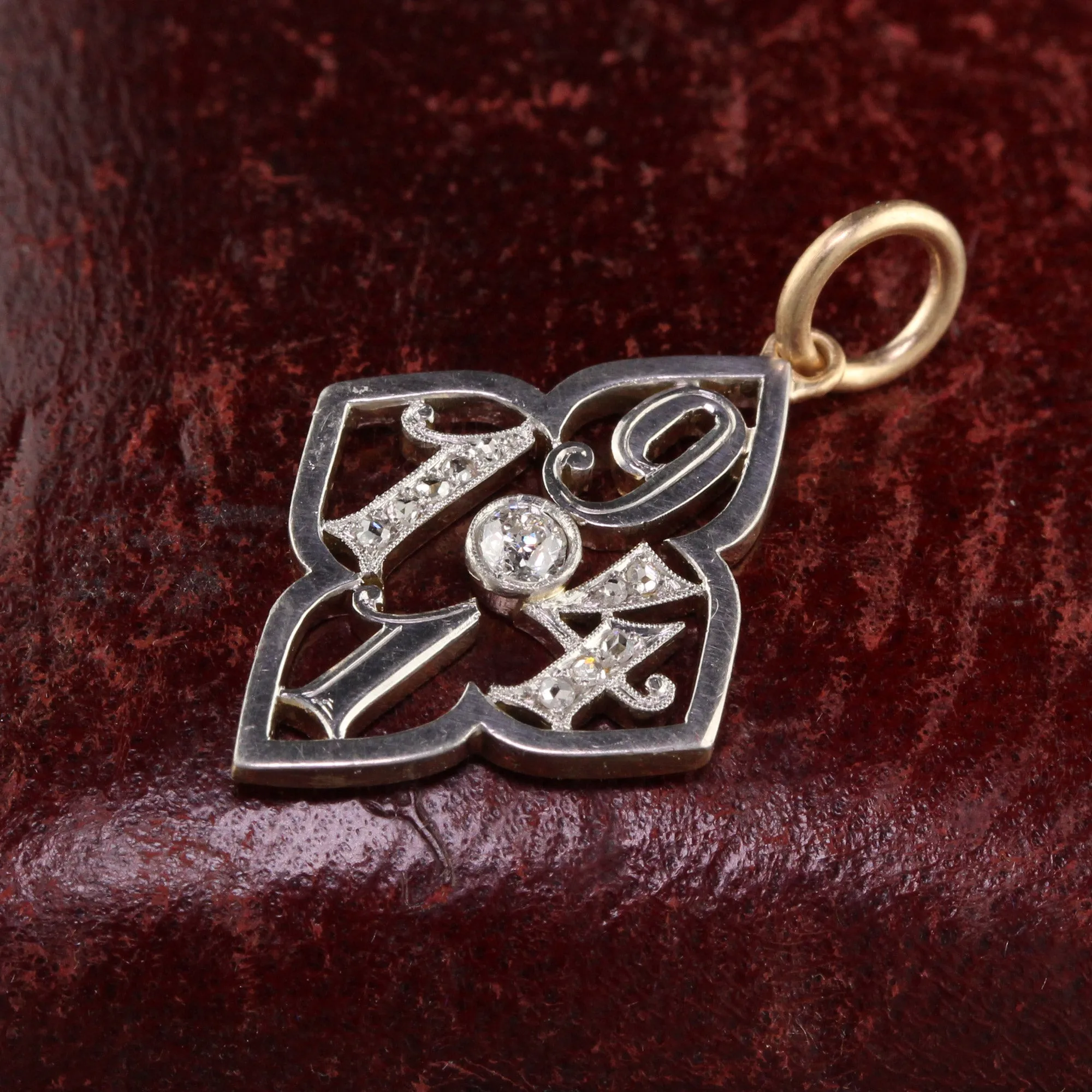 Antique Edwardian Platinum and 18K Yellow Gold 1914 Date Charm Pendant