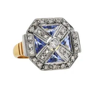 Art Deco 18kt Two-Tone Diamond   Sapphire Ring