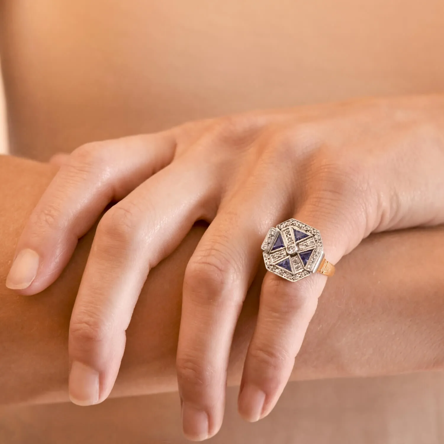 Art Deco 18kt Two-Tone Diamond   Sapphire Ring
