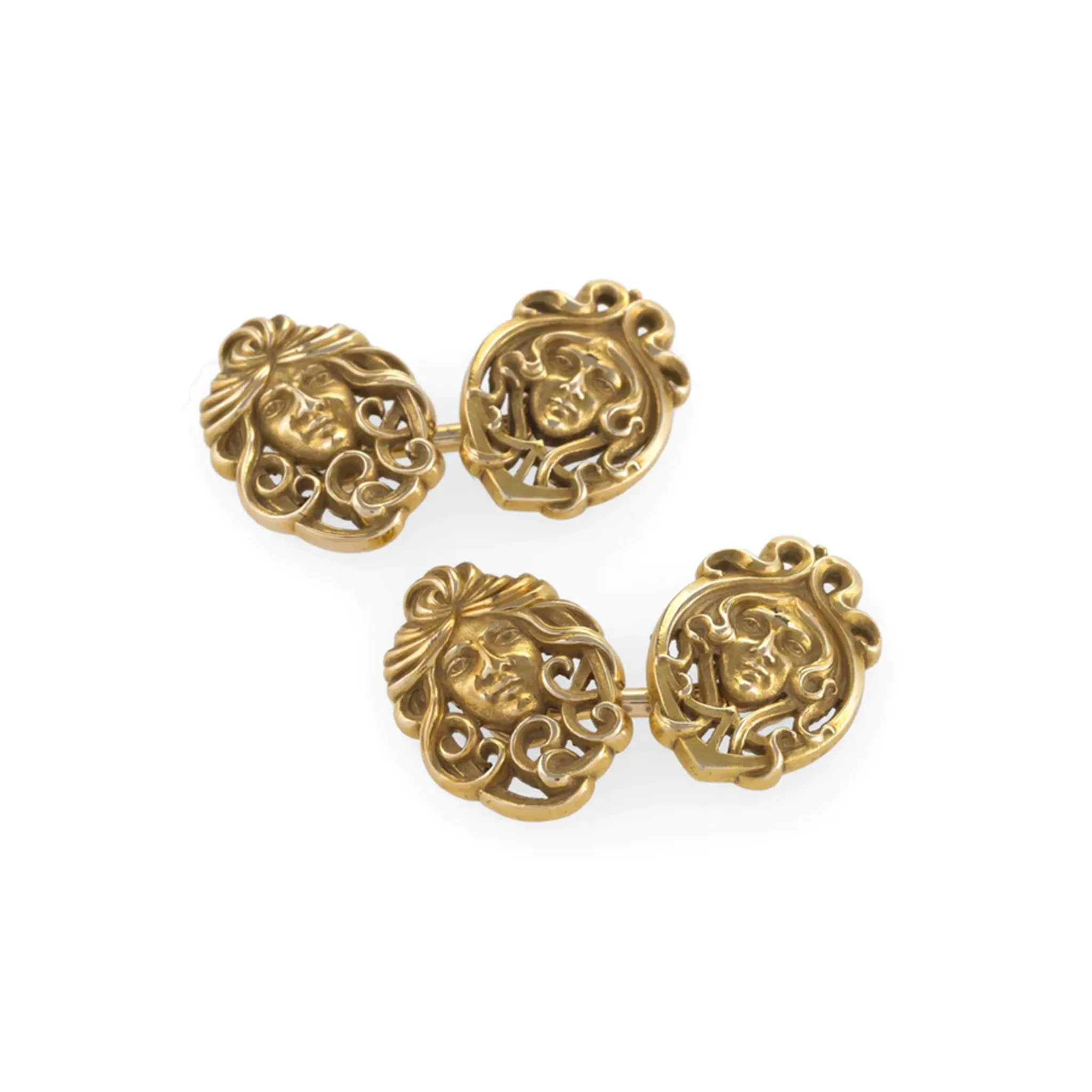 Art Nouveau 14KT Yellow Gold Male & Female Portrait Cufflinks