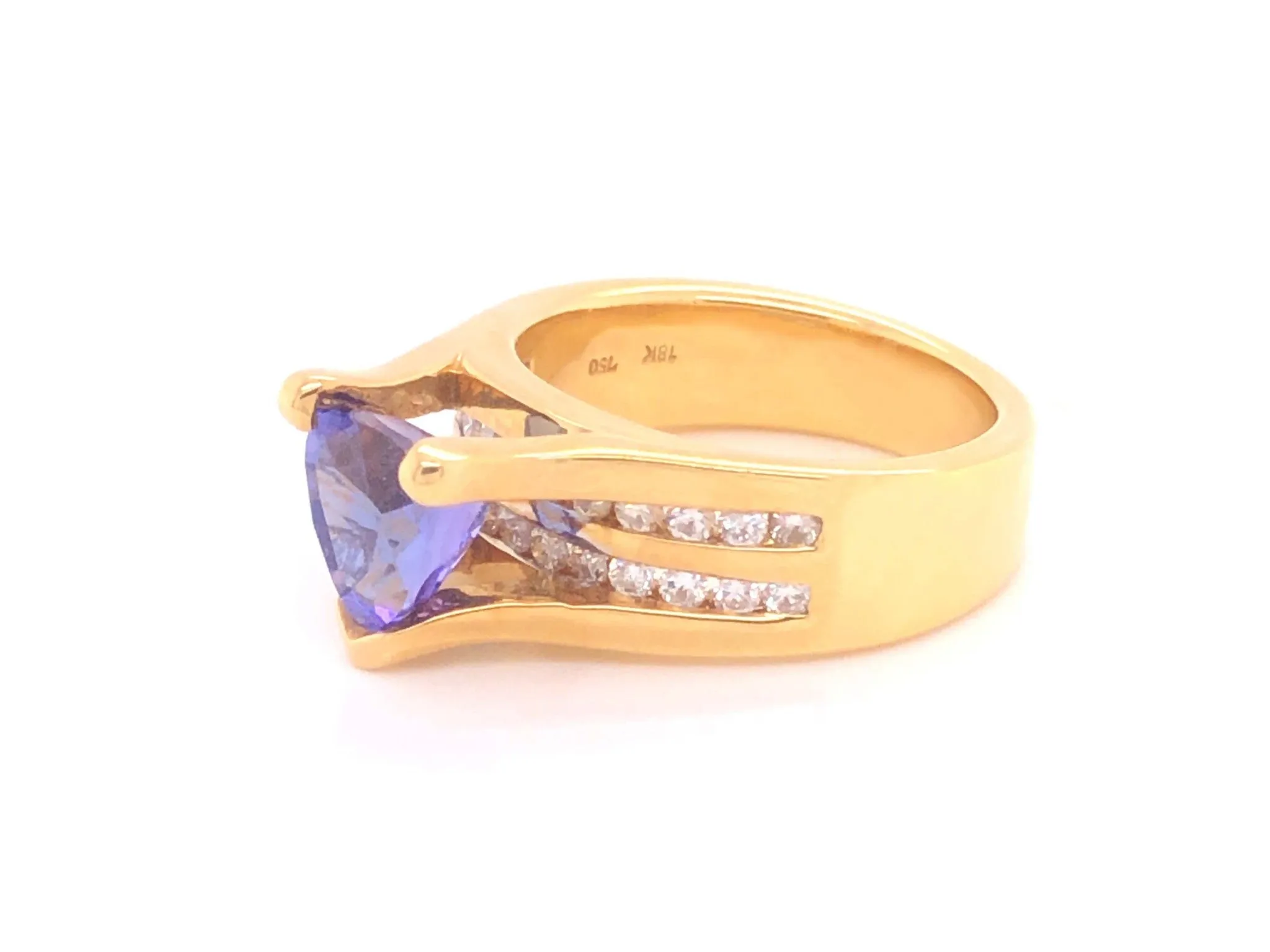 Blue Purple Trilliant Tanzanite and Diamond Ring-18k Yellow Gold