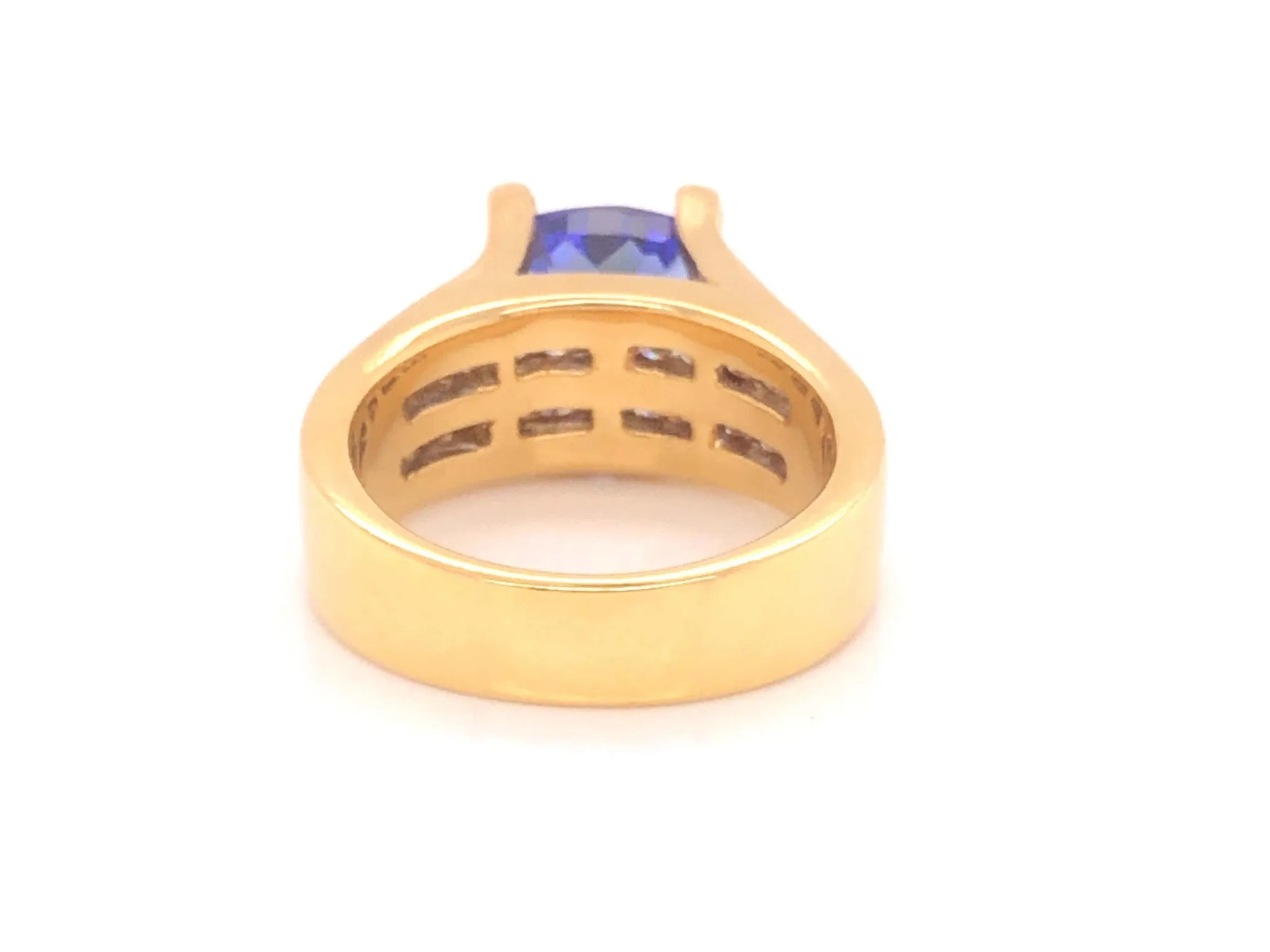 Blue Purple Trilliant Tanzanite and Diamond Ring-18k Yellow Gold