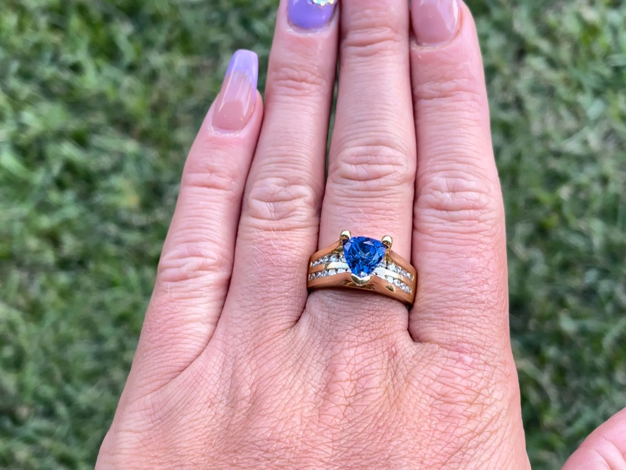 Blue Purple Trilliant Tanzanite and Diamond Ring-18k Yellow Gold