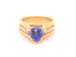 Blue Purple Trilliant Tanzanite and Diamond Ring-18k Yellow Gold