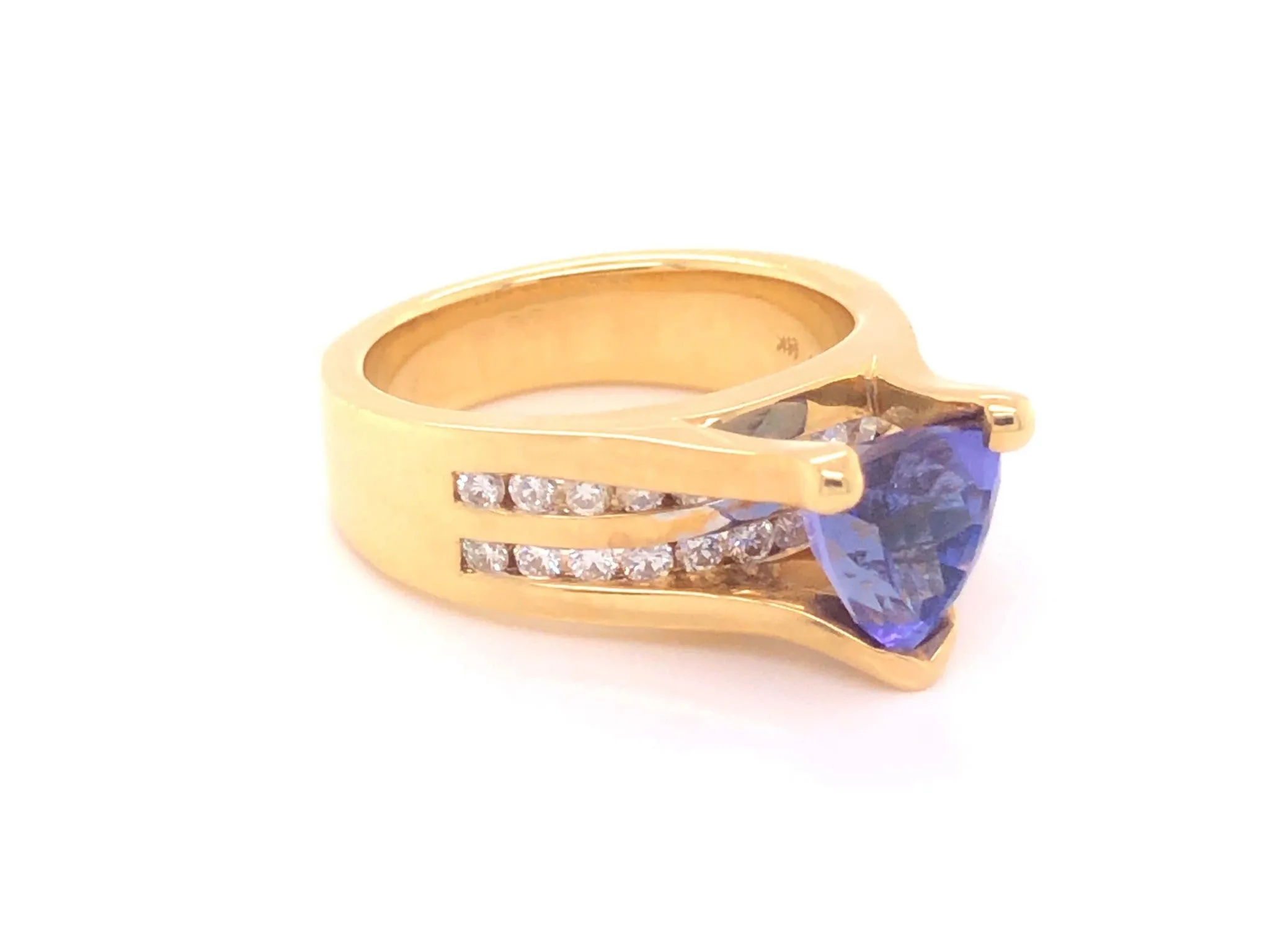 Blue Purple Trilliant Tanzanite and Diamond Ring-18k Yellow Gold