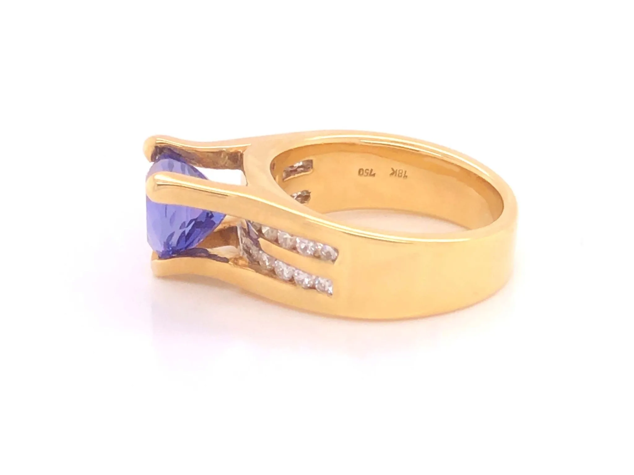 Blue Purple Trilliant Tanzanite and Diamond Ring-18k Yellow Gold