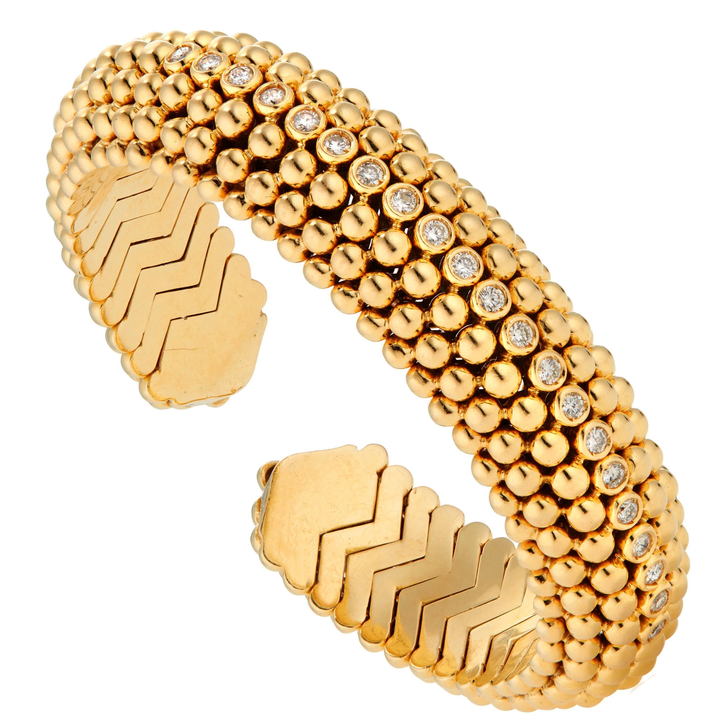 Bvlgari Dolce Vita 1950's Beaded Spiga Diamond 18k Yellow Gold Cuff Bracelet
