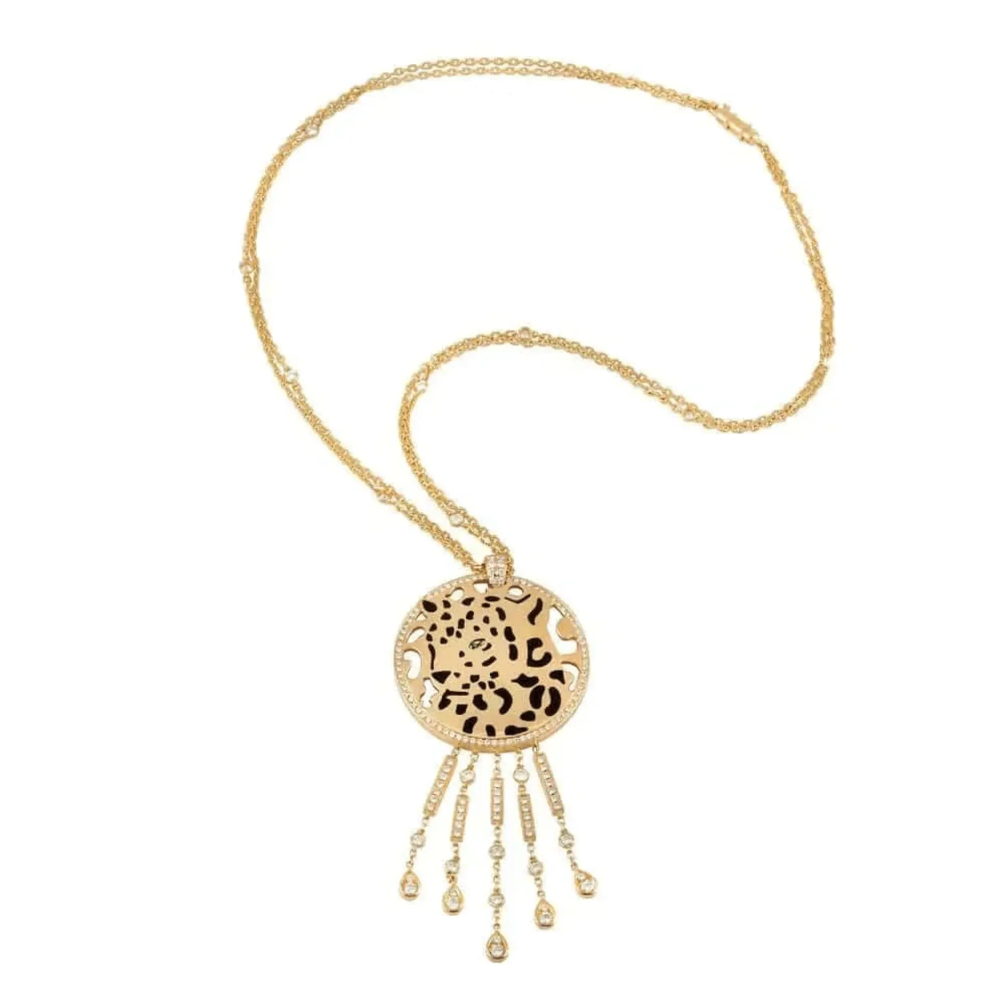 Cartier France Post-1980s 18KT Yellow Gold Diamond & Enamel Panther Necklace