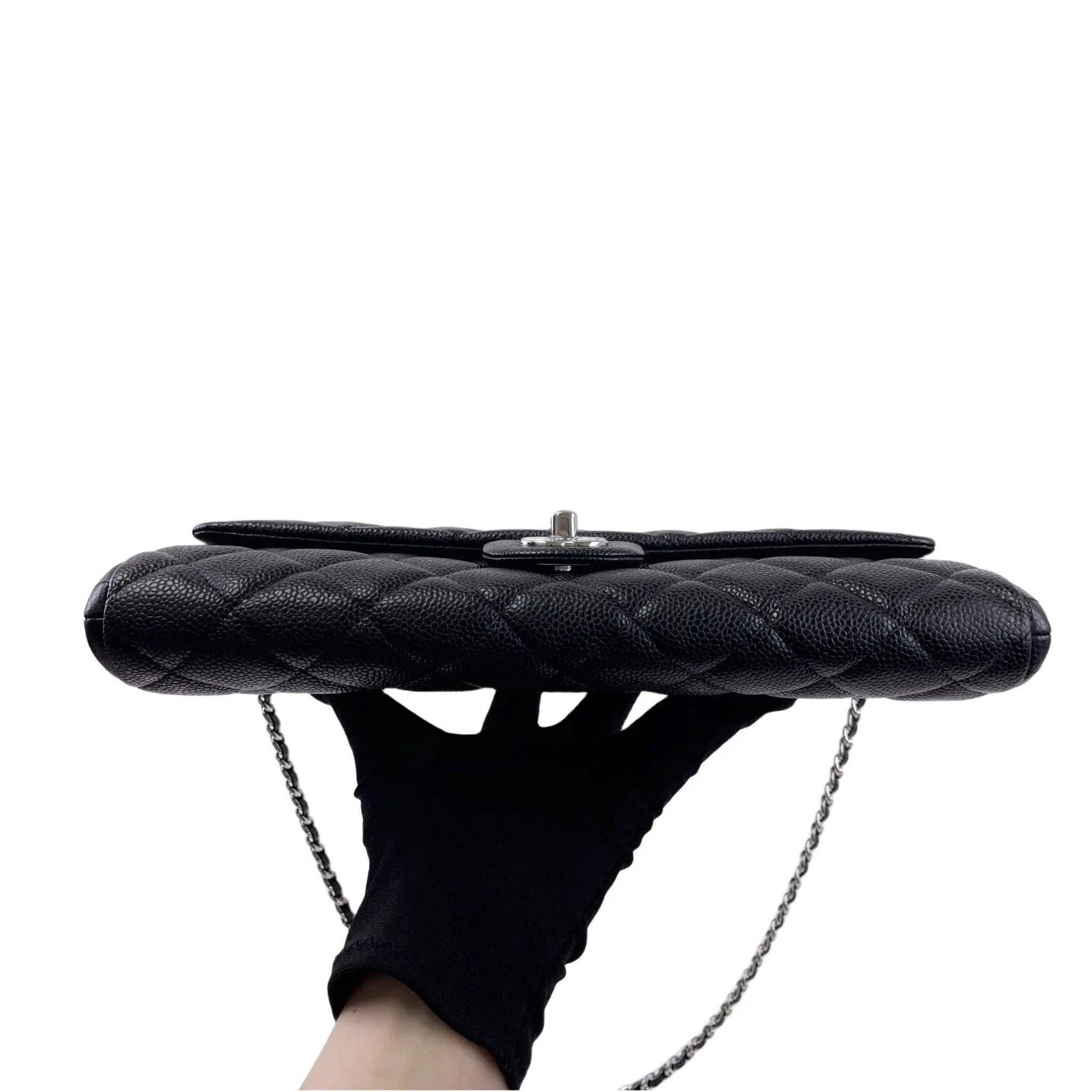 Chanel Jumbo Clutch on Chain Black Caviar/Grained Calfskin Leather, Silver-tone Hardware