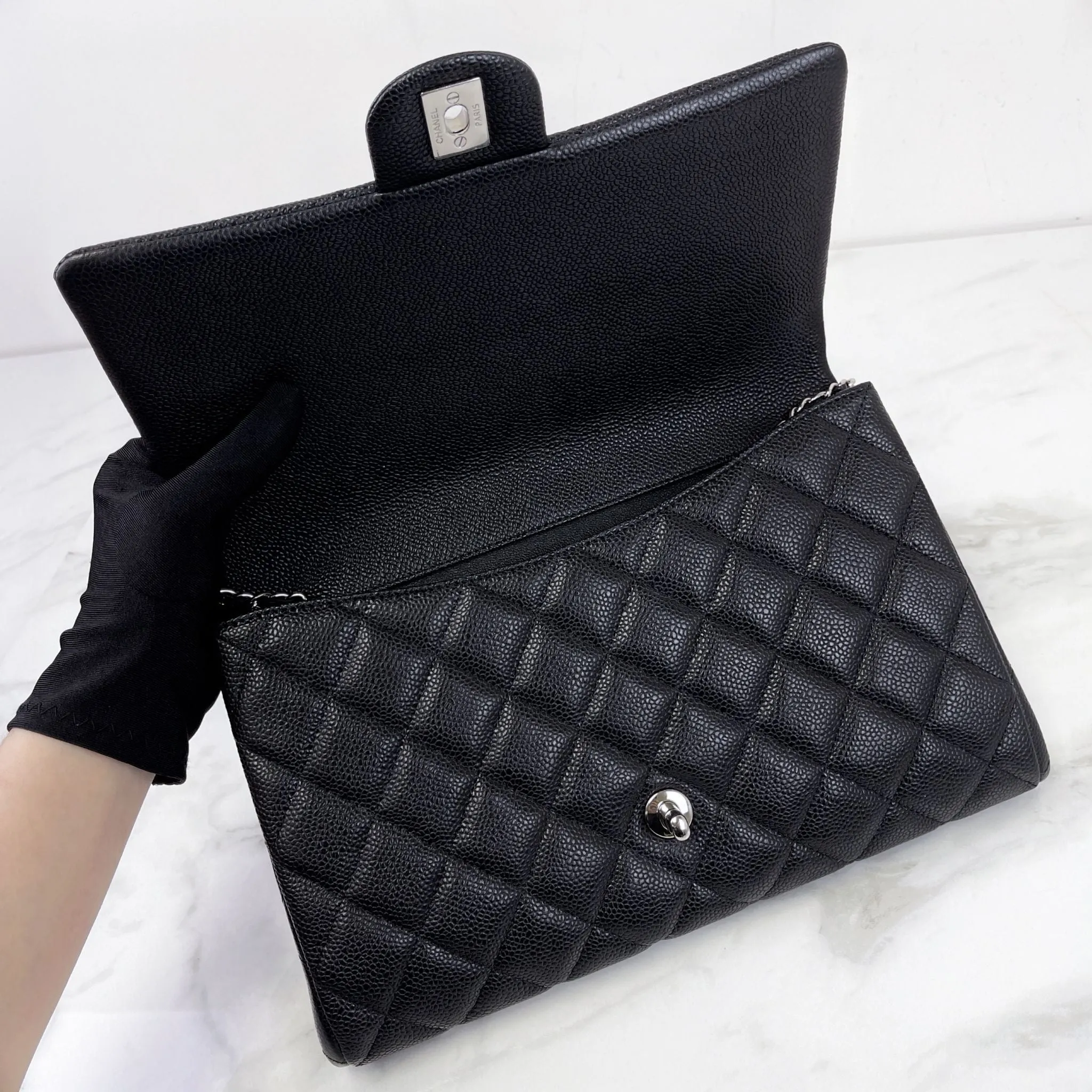 Chanel Jumbo Clutch on Chain Black Caviar/Grained Calfskin Leather, Silver-tone Hardware