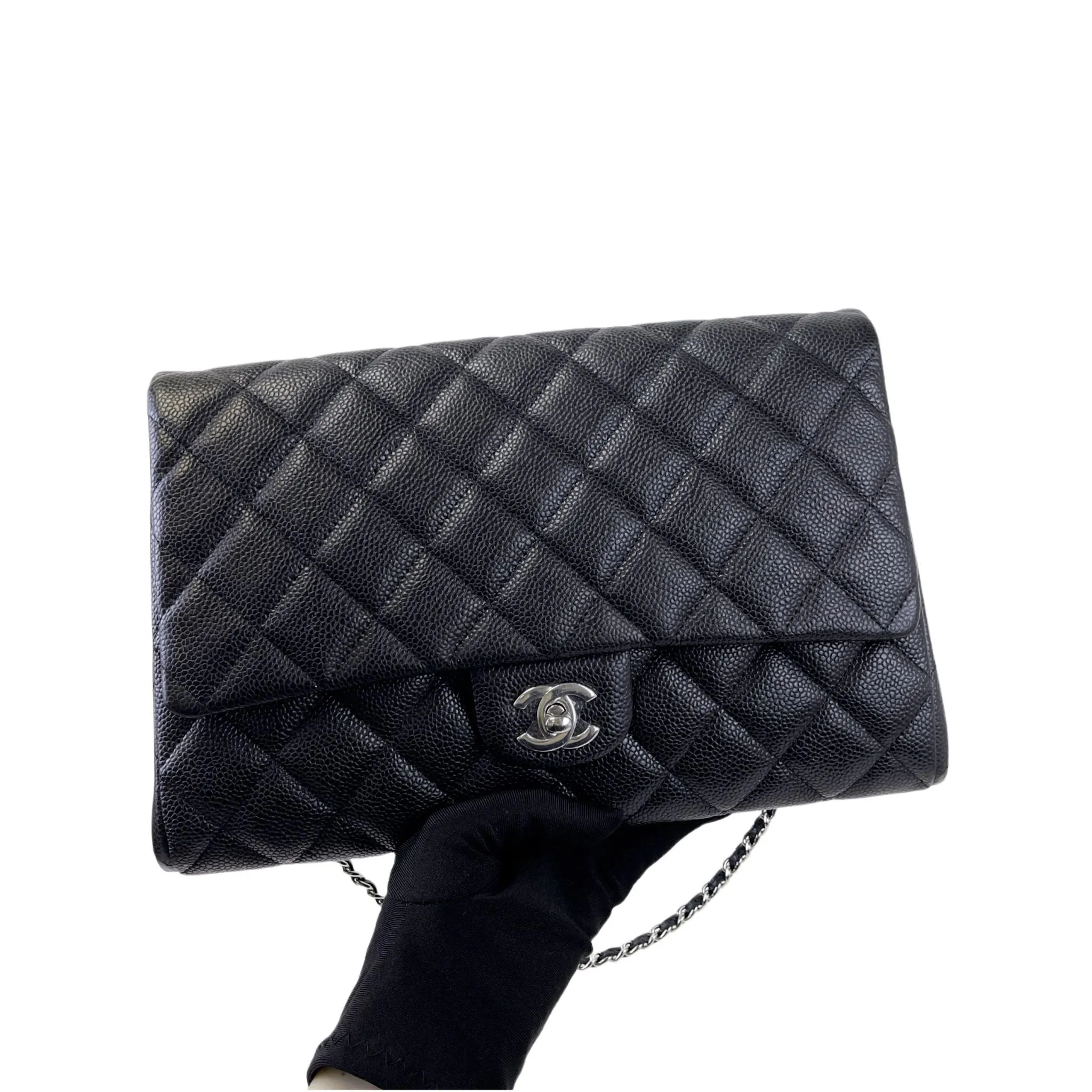 Chanel Jumbo Clutch on Chain Black Caviar/Grained Calfskin Leather, Silver-tone Hardware