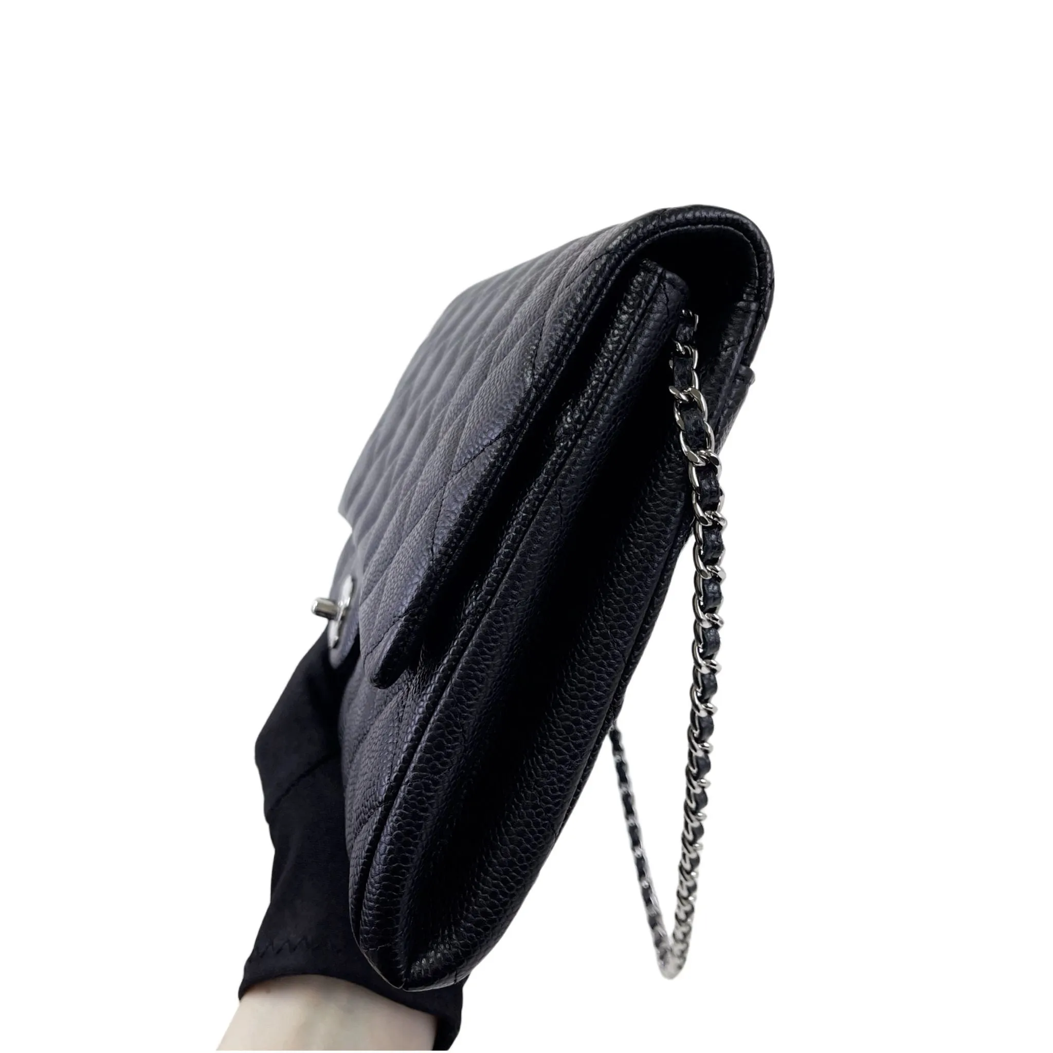 Chanel Jumbo Clutch on Chain Black Caviar/Grained Calfskin Leather, Silver-tone Hardware