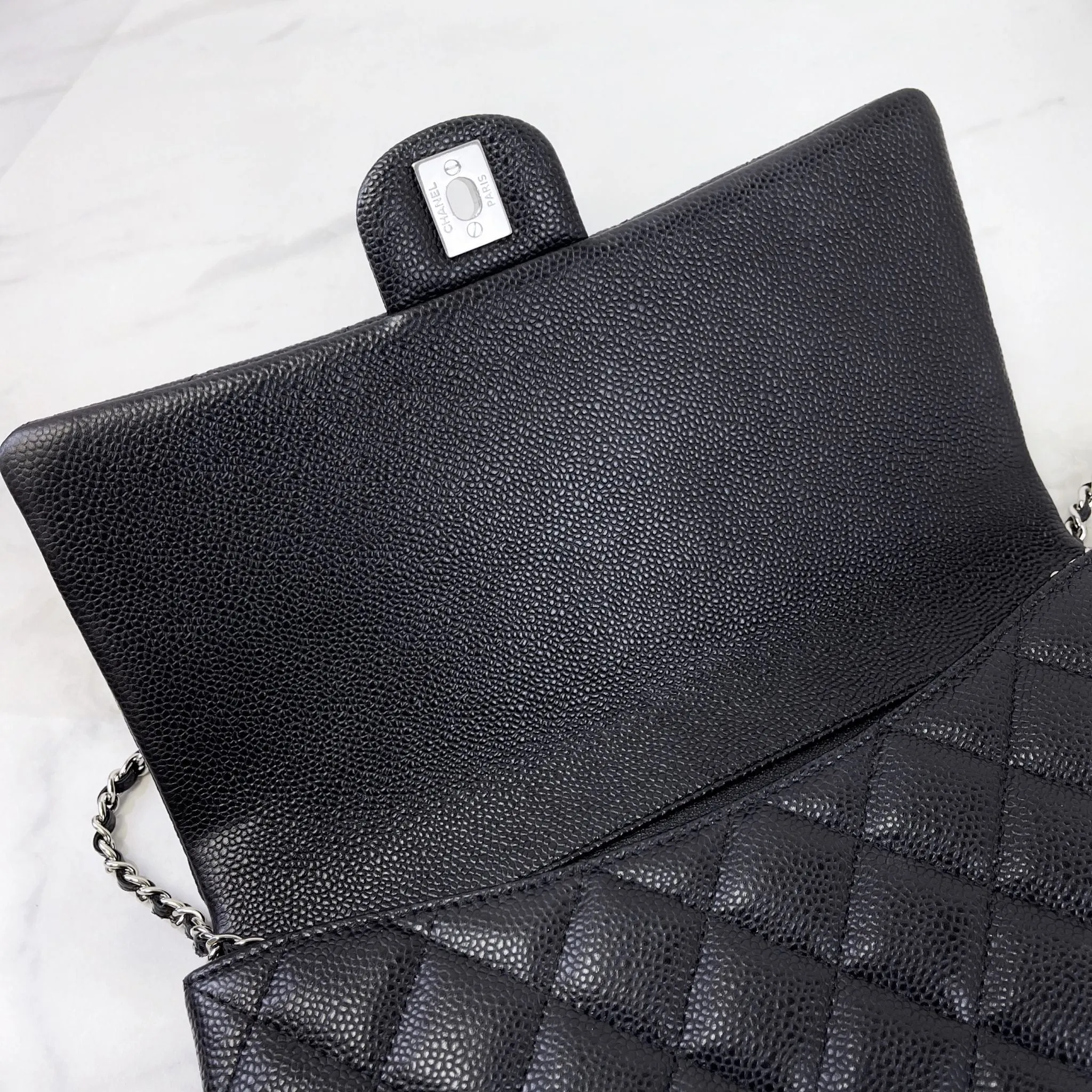 Chanel Jumbo Clutch on Chain Black Caviar/Grained Calfskin Leather, Silver-tone Hardware