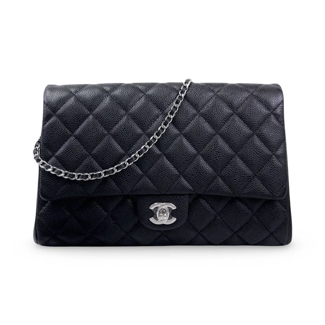 Chanel Jumbo Clutch on Chain Black Caviar/Grained Calfskin Leather, Silver-tone Hardware