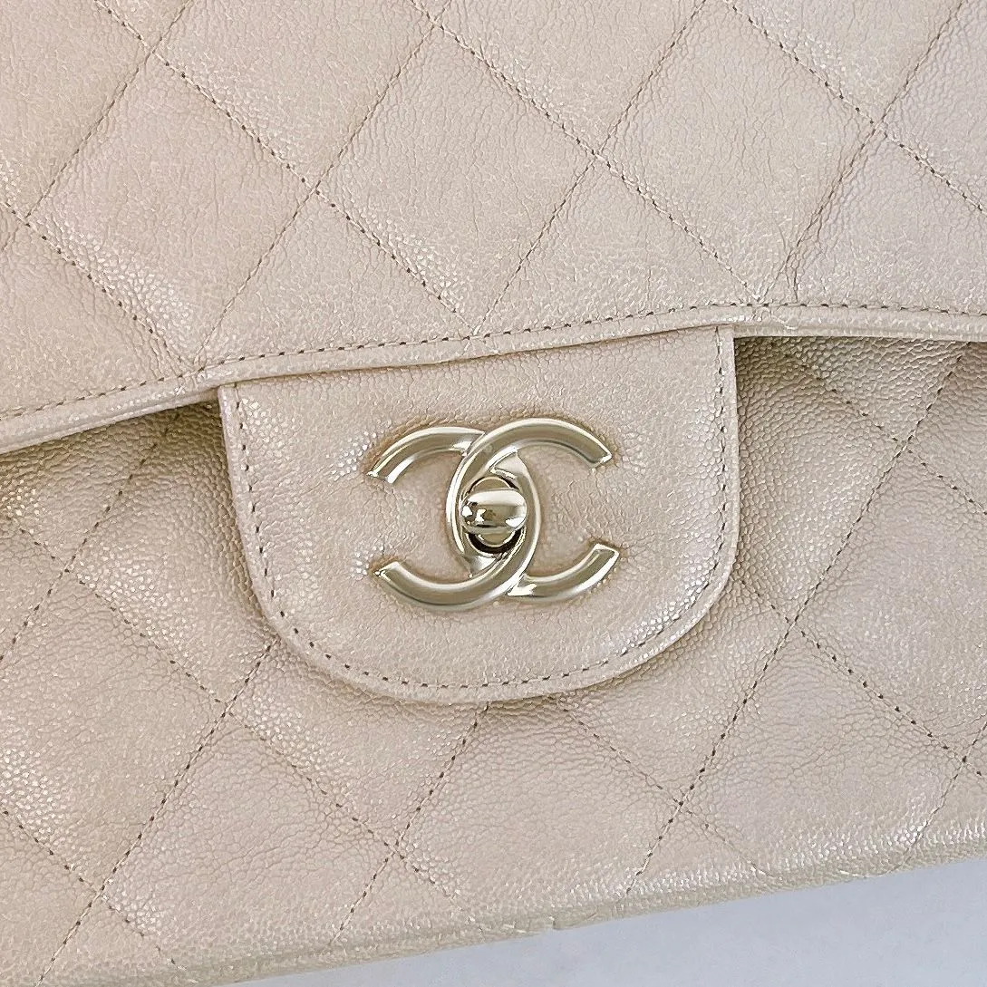 Chanel Timeless Classic Jumbo Double Flap, Iridescent Beige Caviar Gold-tone Hardware