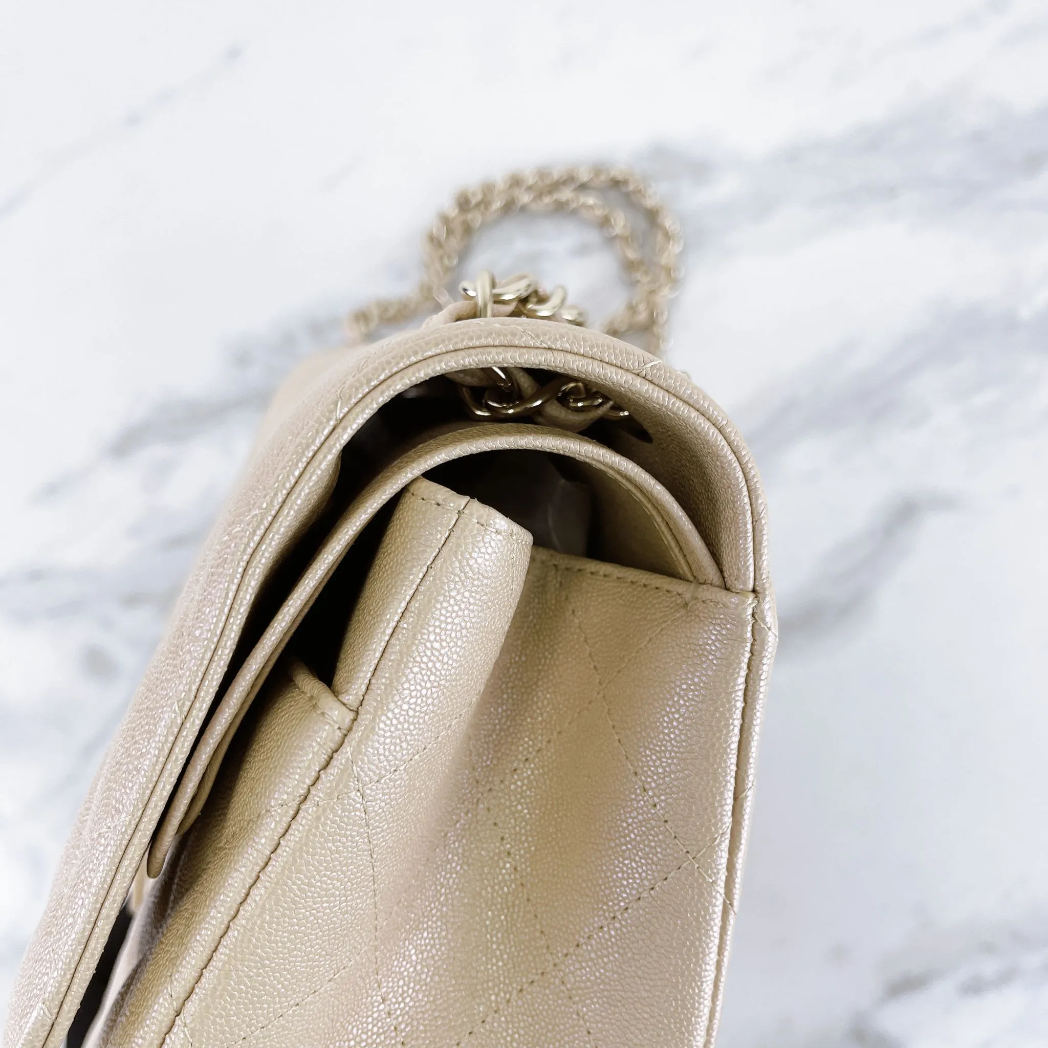 Chanel Timeless Classic Jumbo Double Flap, Iridescent Beige Caviar Gold-tone Hardware