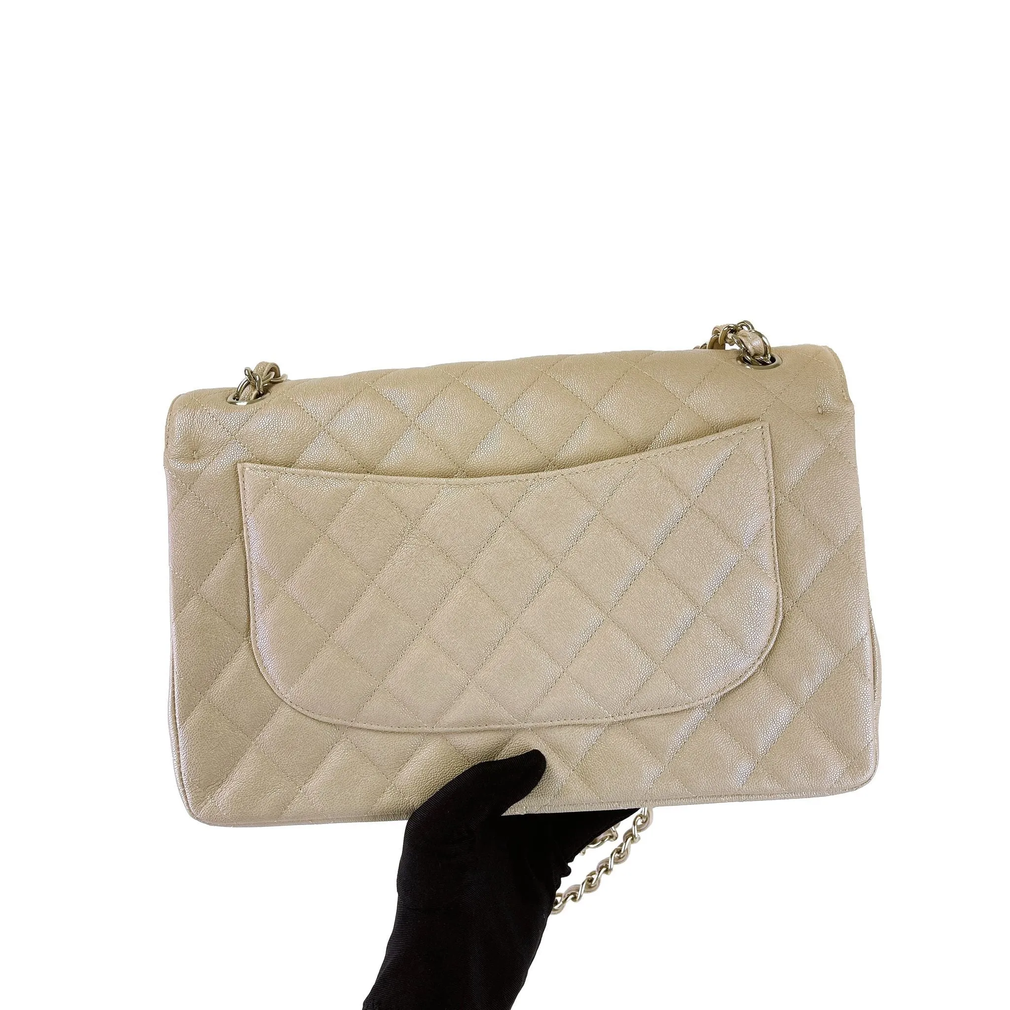 Chanel Timeless Classic Jumbo Double Flap, Iridescent Beige Caviar Gold-tone Hardware