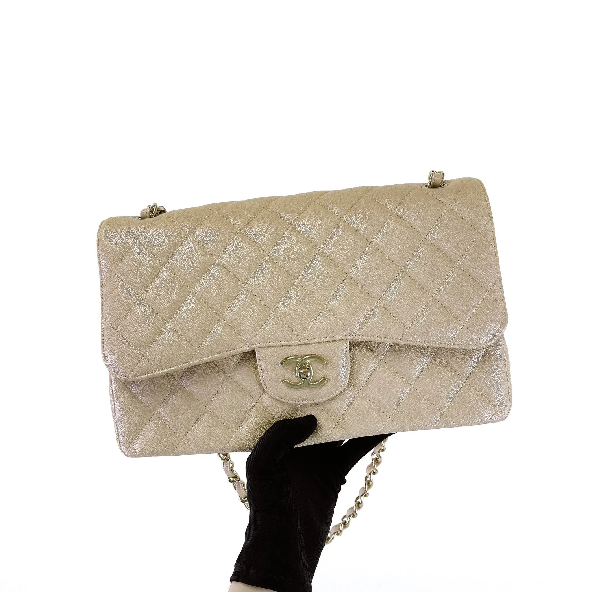 Chanel Timeless Classic Jumbo Double Flap, Iridescent Beige Caviar Gold-tone Hardware