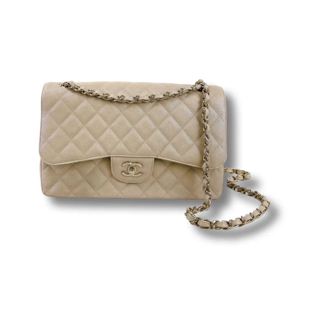 Chanel Timeless Classic Jumbo Double Flap, Iridescent Beige Caviar Gold-tone Hardware