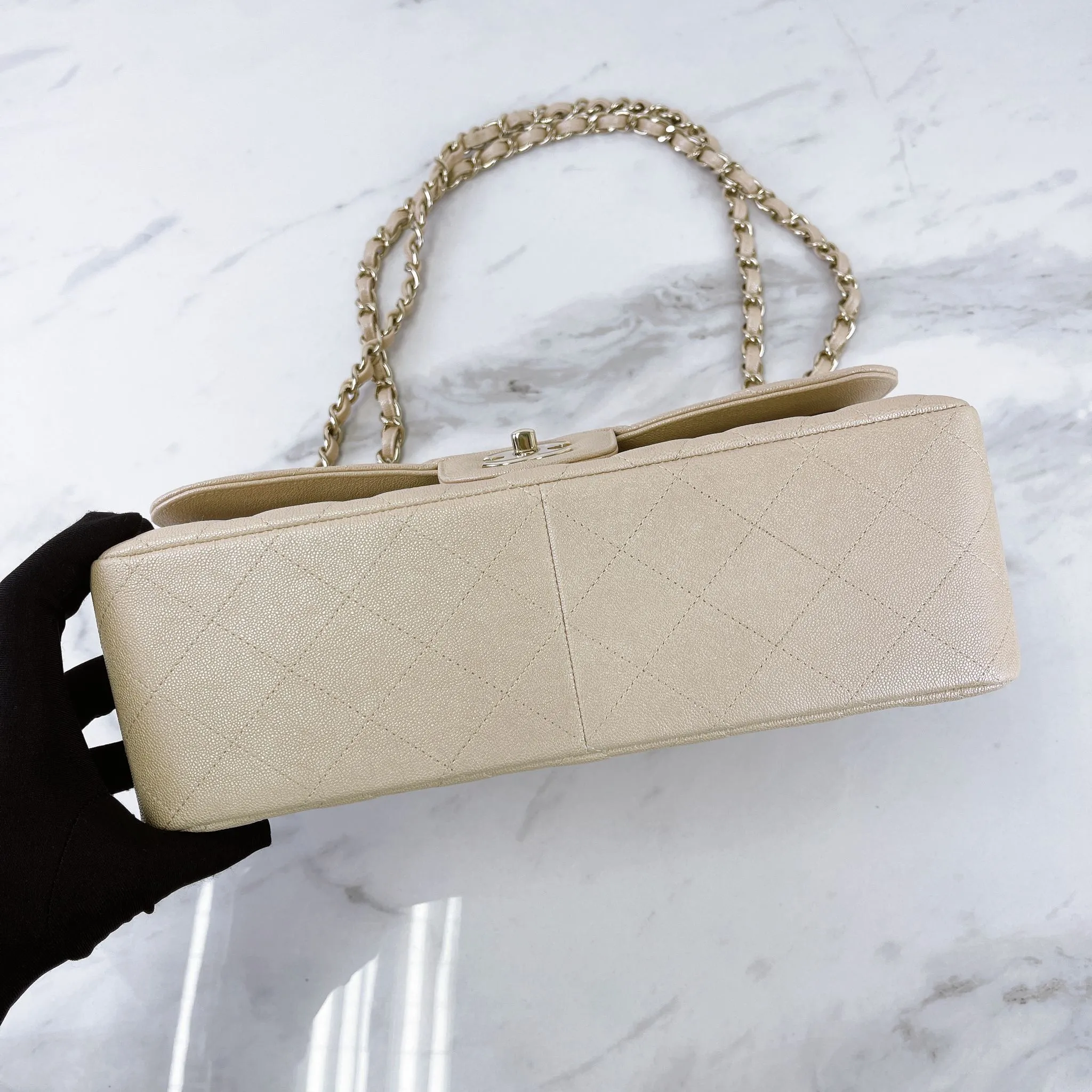 Chanel Timeless Classic Jumbo Double Flap, Iridescent Beige Caviar Gold-tone Hardware