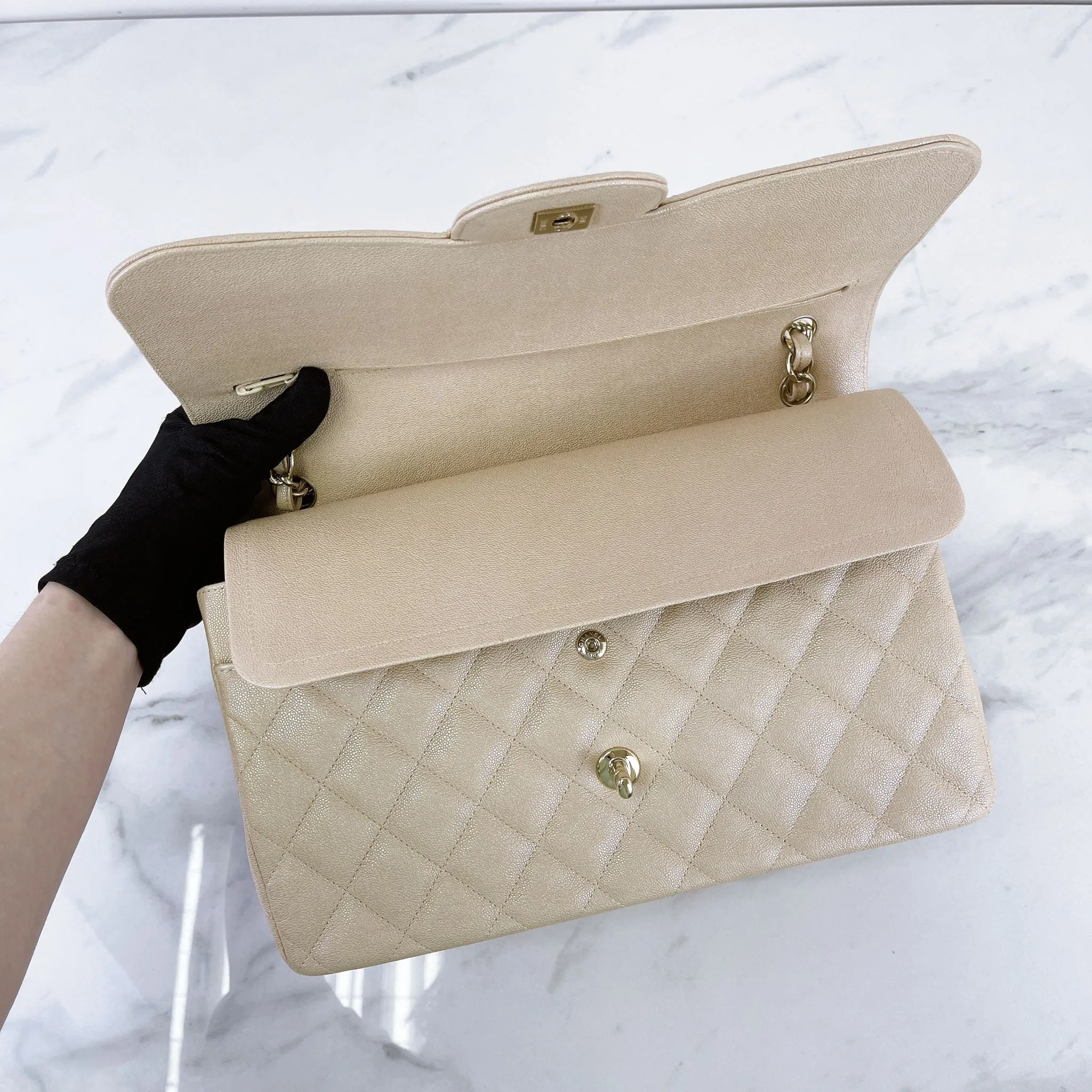 Chanel Timeless Classic Jumbo Double Flap, Iridescent Beige Caviar Gold-tone Hardware