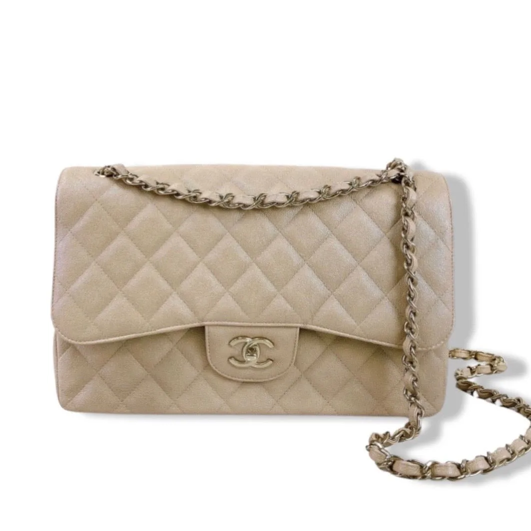 Chanel Timeless Classic Jumbo Double Flap, Iridescent Beige Caviar Gold-tone Hardware