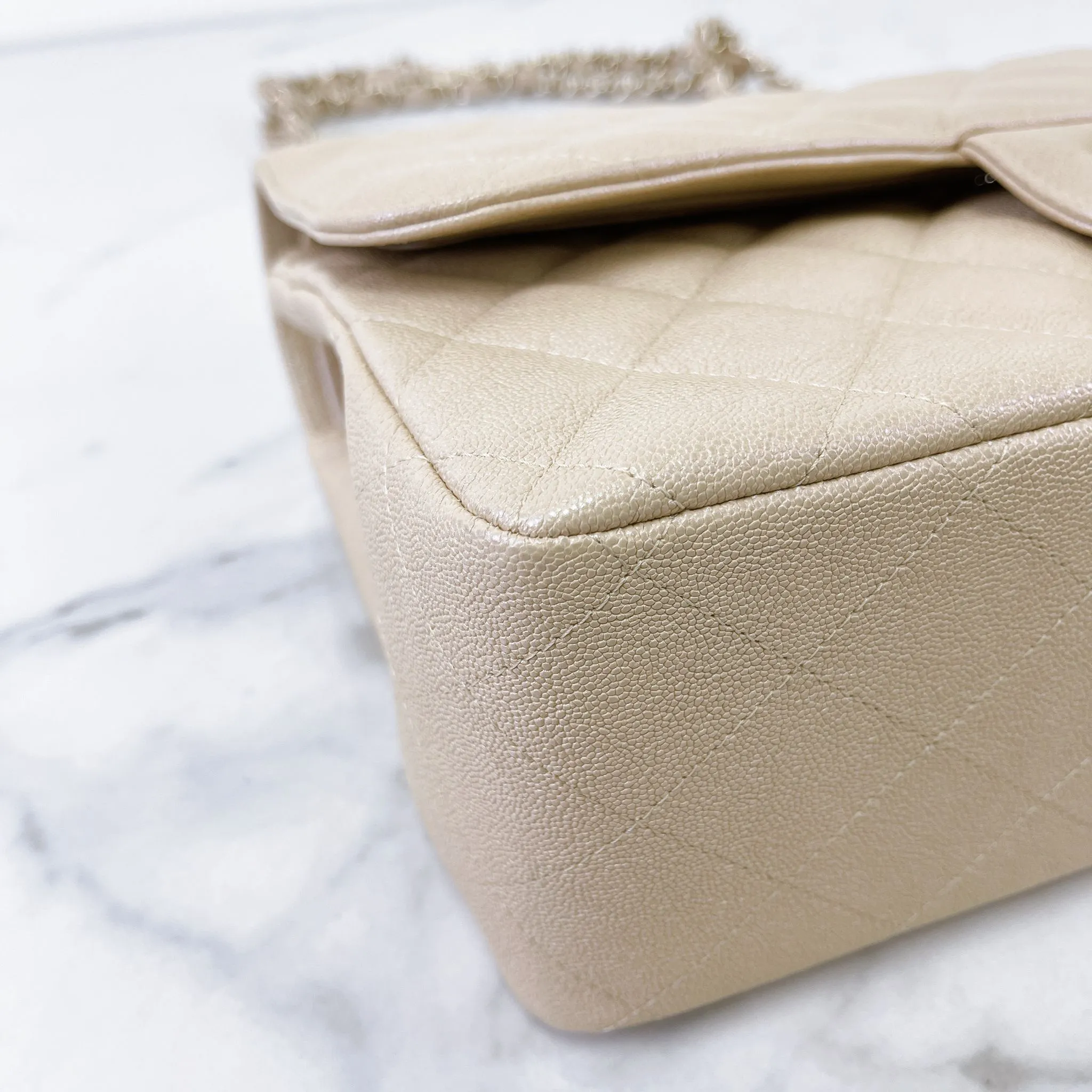 Chanel Timeless Classic Jumbo Double Flap, Iridescent Beige Caviar Gold-tone Hardware