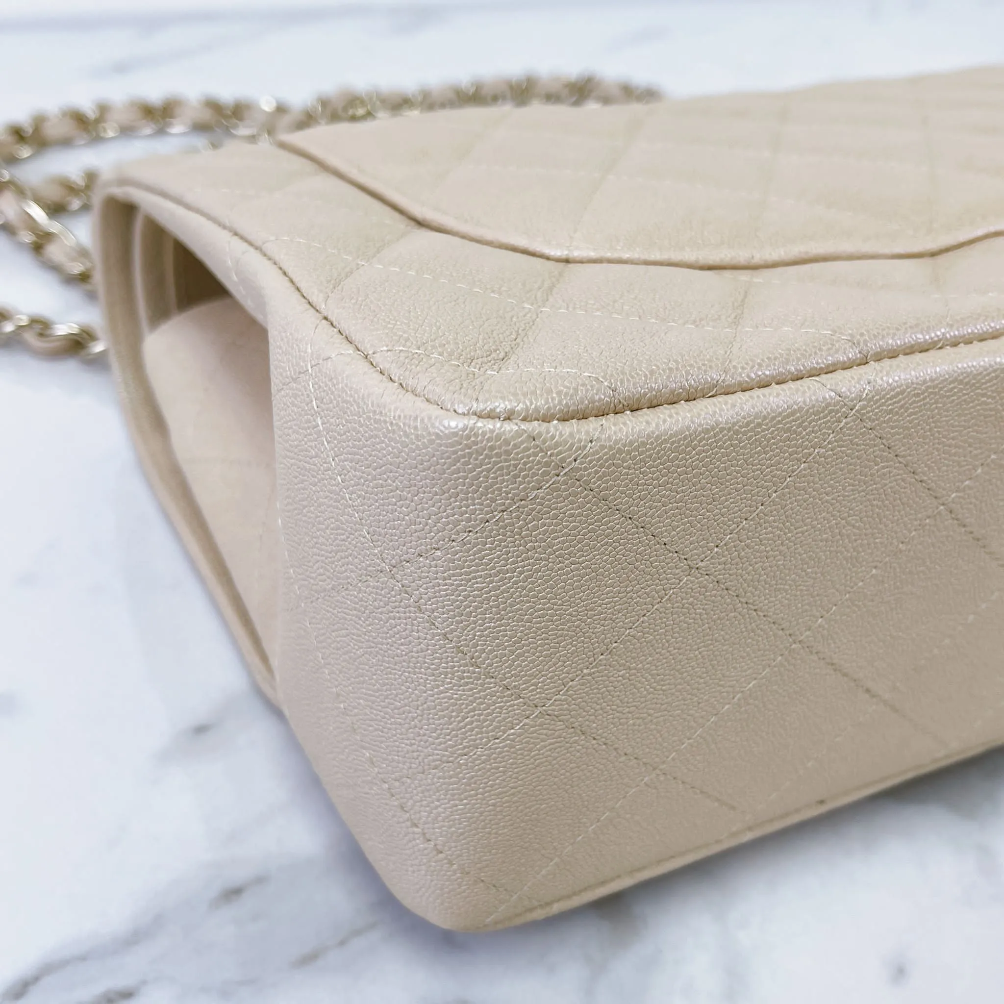 Chanel Timeless Classic Jumbo Double Flap, Iridescent Beige Caviar Gold-tone Hardware