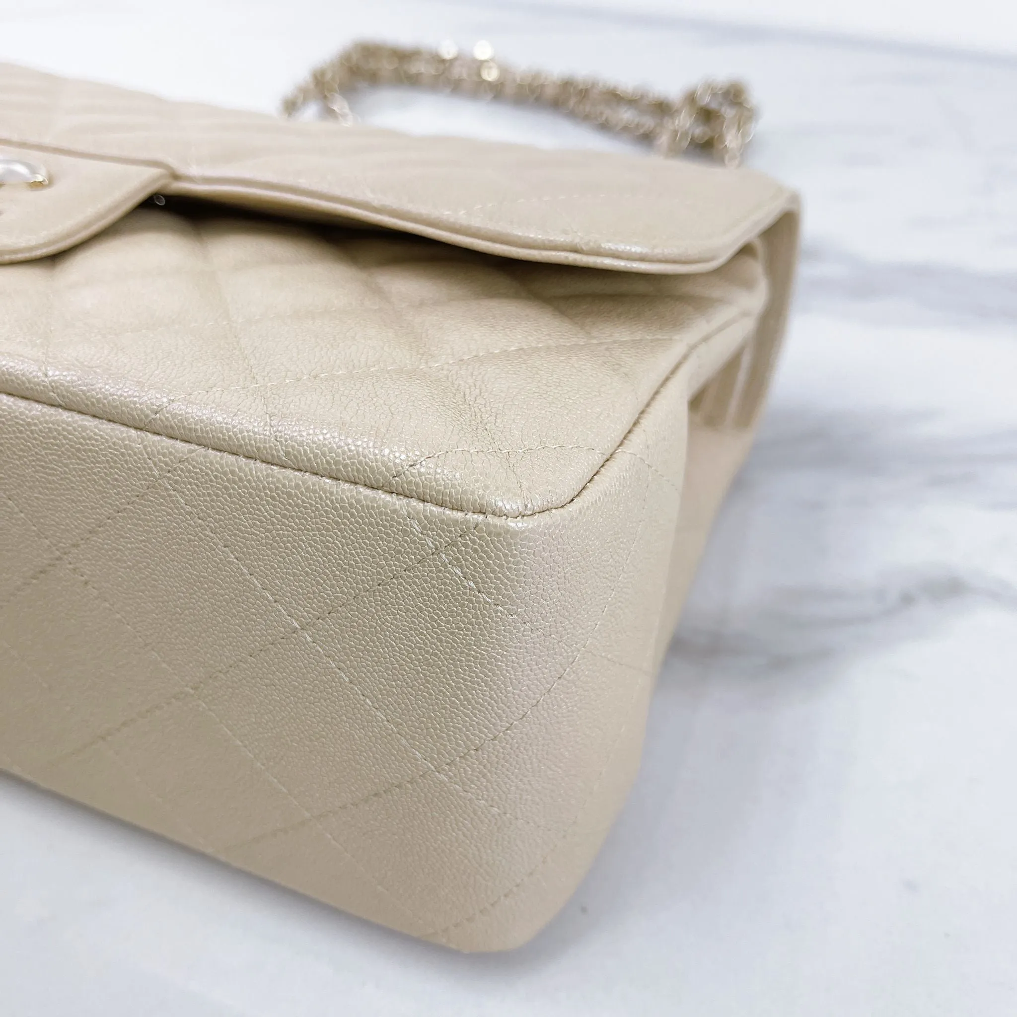 Chanel Timeless Classic Jumbo Double Flap, Iridescent Beige Caviar Gold-tone Hardware