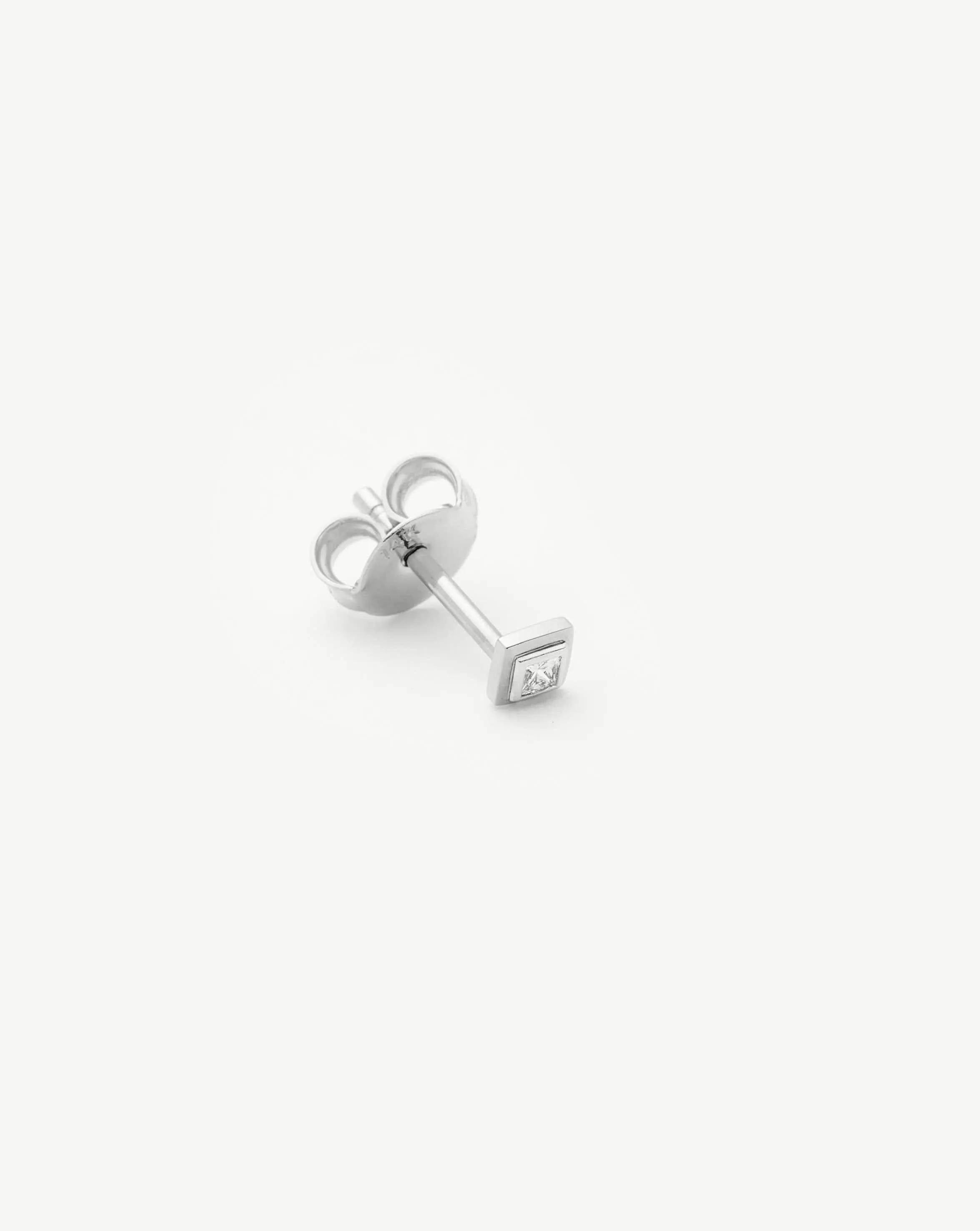 Fine Square Solitaire Single Stud Earring | 14k Solid White Gold/Diamond
