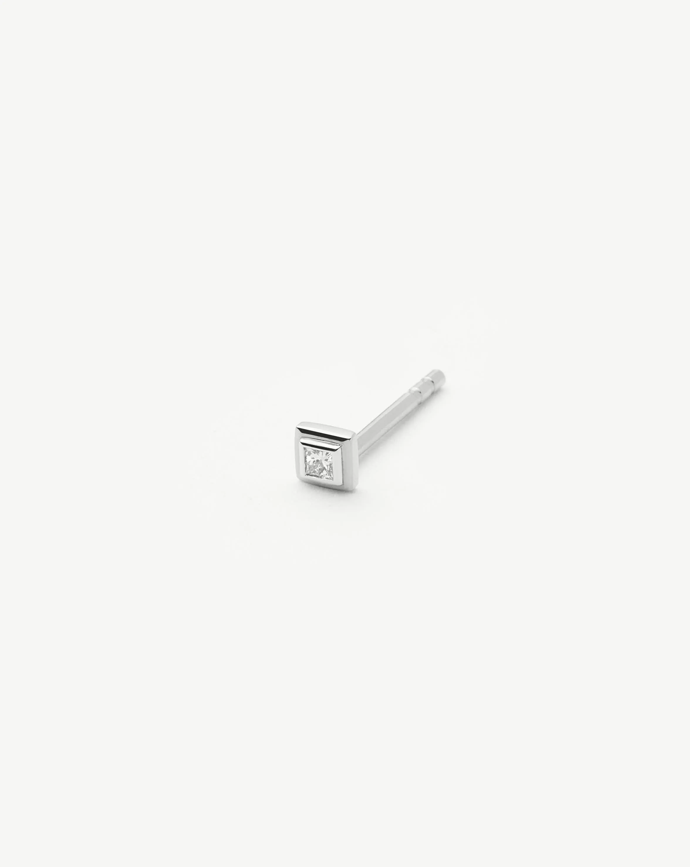 Fine Square Solitaire Single Stud Earring | 14k Solid White Gold/Diamond