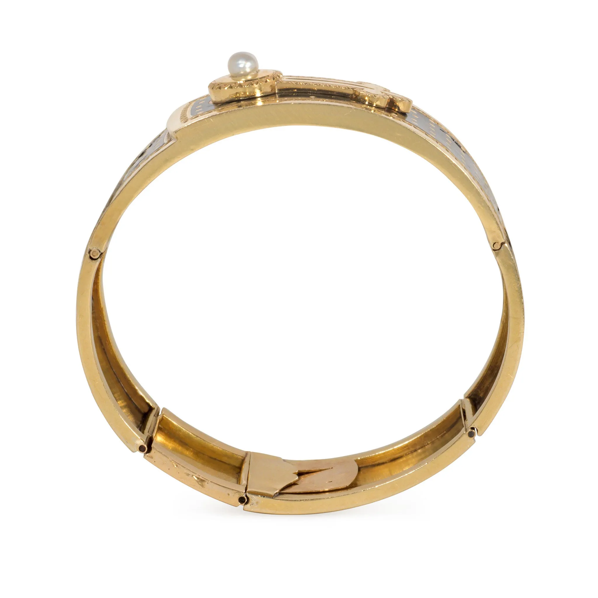 French Victorian 18KT Yellow Gold Cultured Pearl & Enamel Bracelet