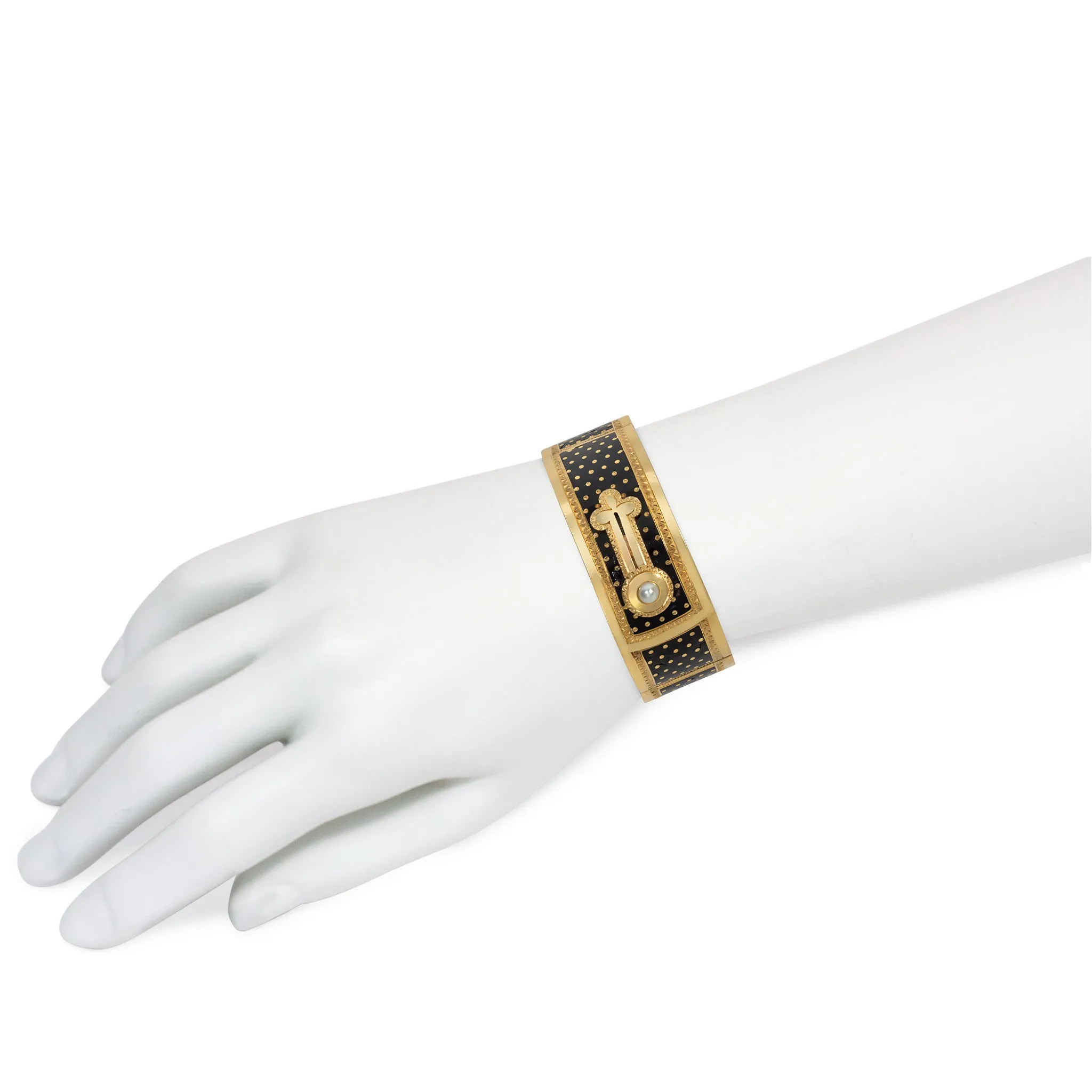 French Victorian 18KT Yellow Gold Cultured Pearl & Enamel Bracelet