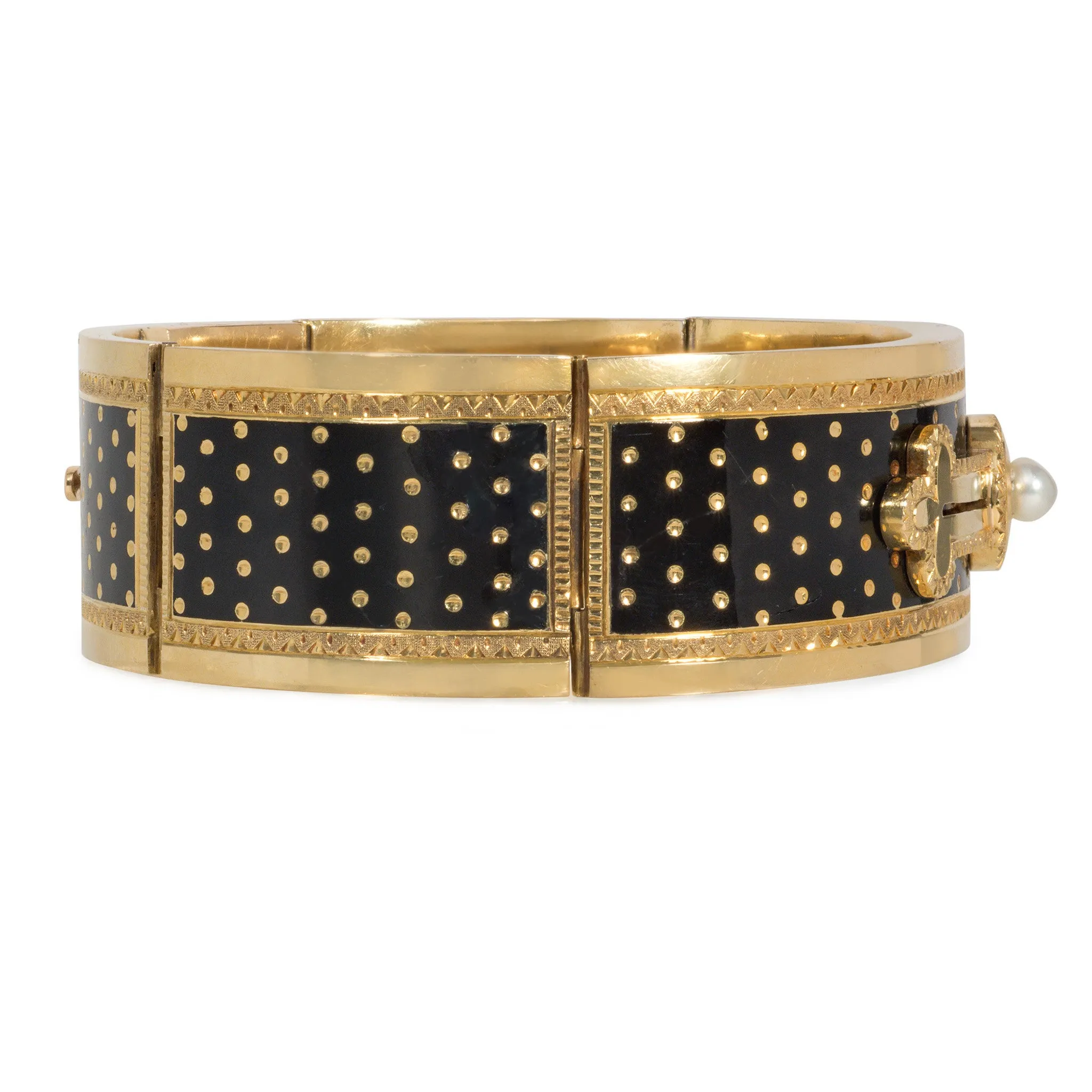French Victorian 18KT Yellow Gold Cultured Pearl & Enamel Bracelet