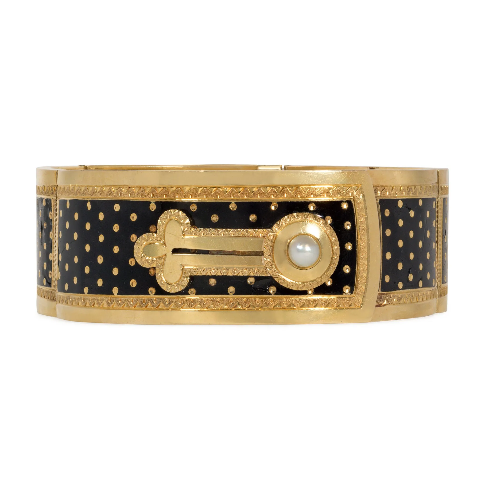 French Victorian 18KT Yellow Gold Cultured Pearl & Enamel Bracelet