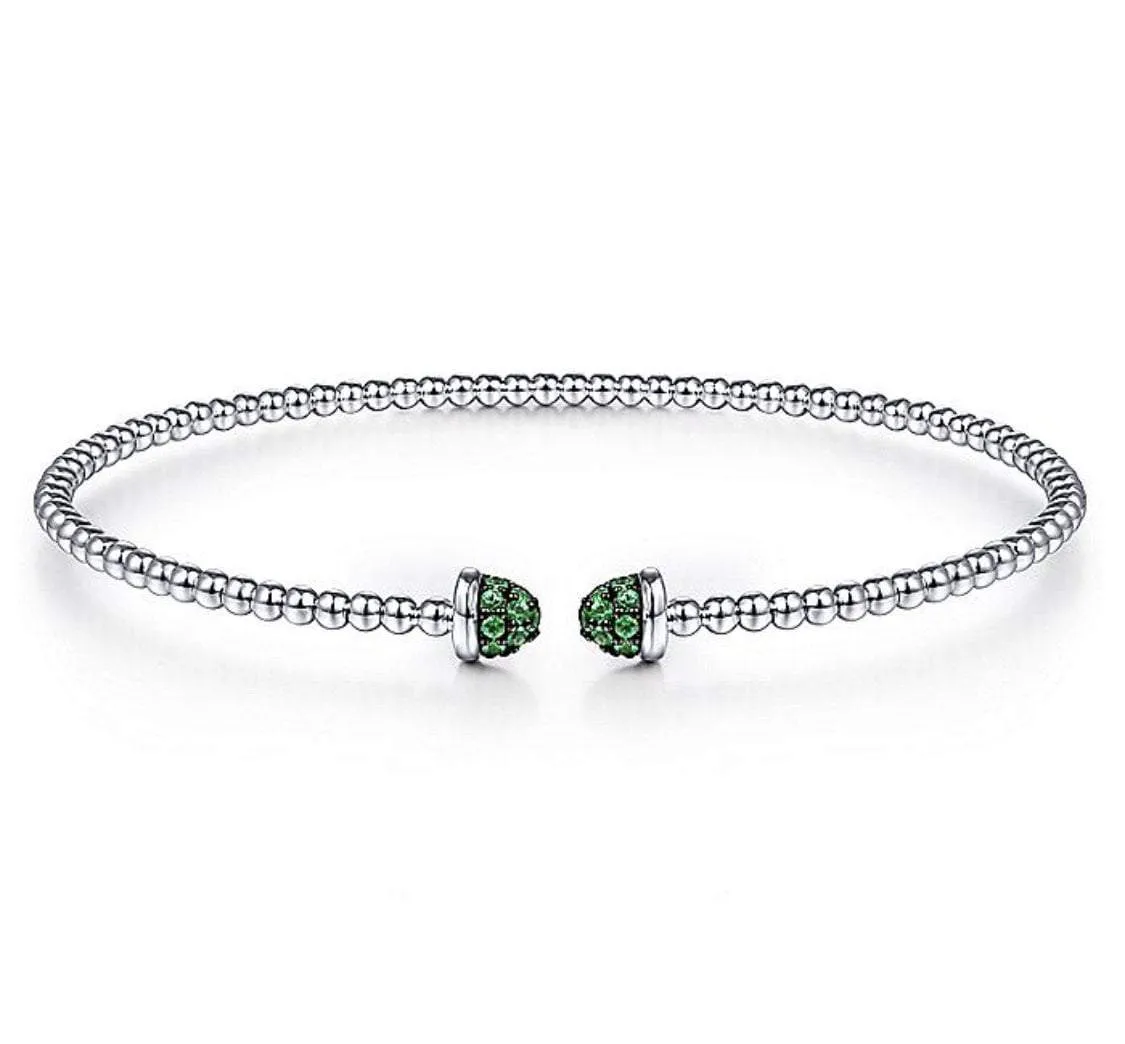 Gabriel & Co-14 K White Gold Bujukan Bead Cuff Bracelet with Emerald Pav Caps