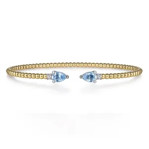 Gabriel & Co.- 14K White-Yellow Gold Bujukan Open Cuff Bracelet with Blue Topaz and Diamond End Caps  BG4718-62M45BT