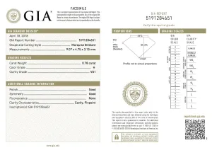 GIA Certified Marquise Brilliant 0.78ct Diamond VS1/H
