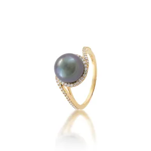 Halo Bypass Tahitian Black Pearl Ring in Gold with Diamonds - 9-10mm