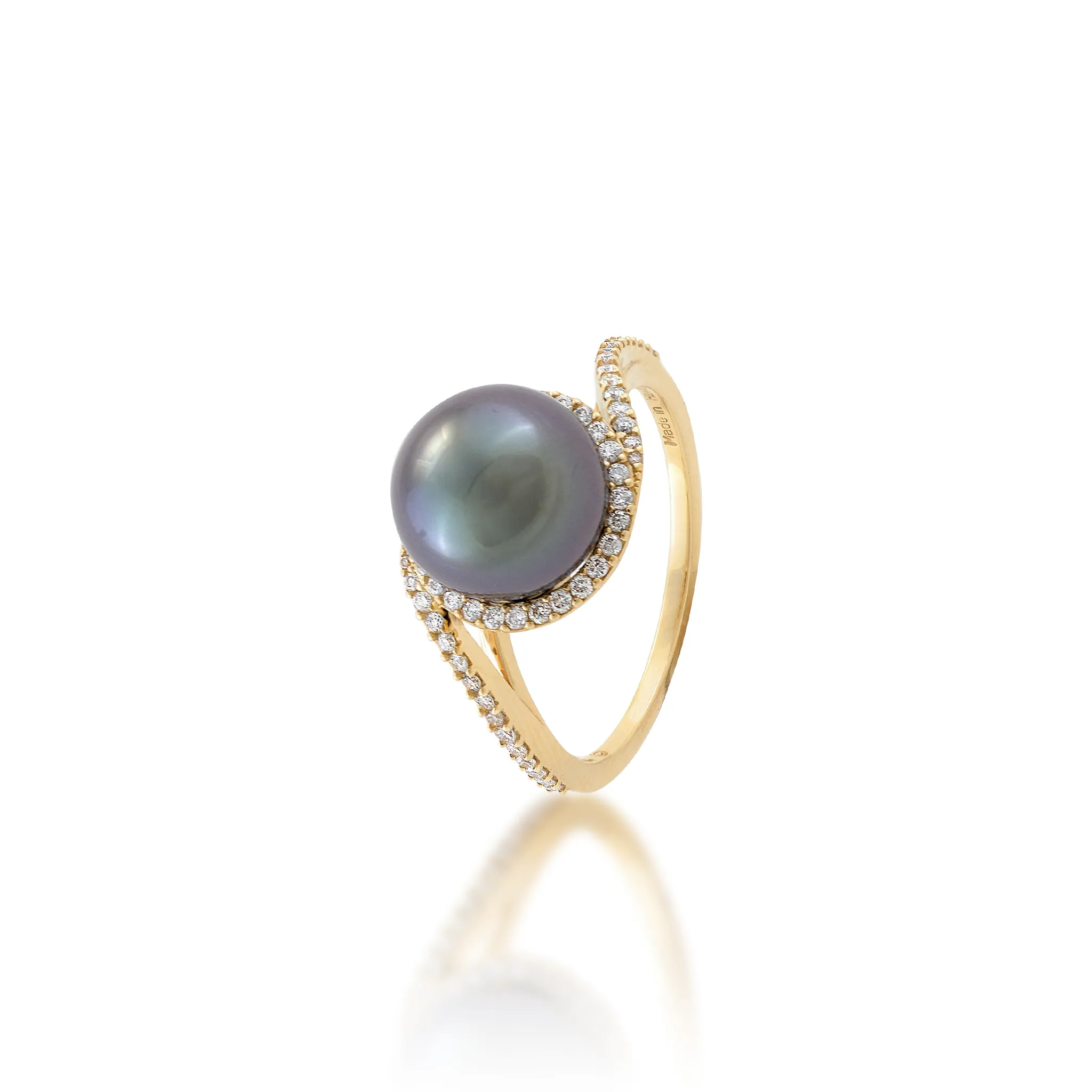 Halo Bypass Tahitian Black Pearl Ring in Gold with Diamonds - 9-10mm