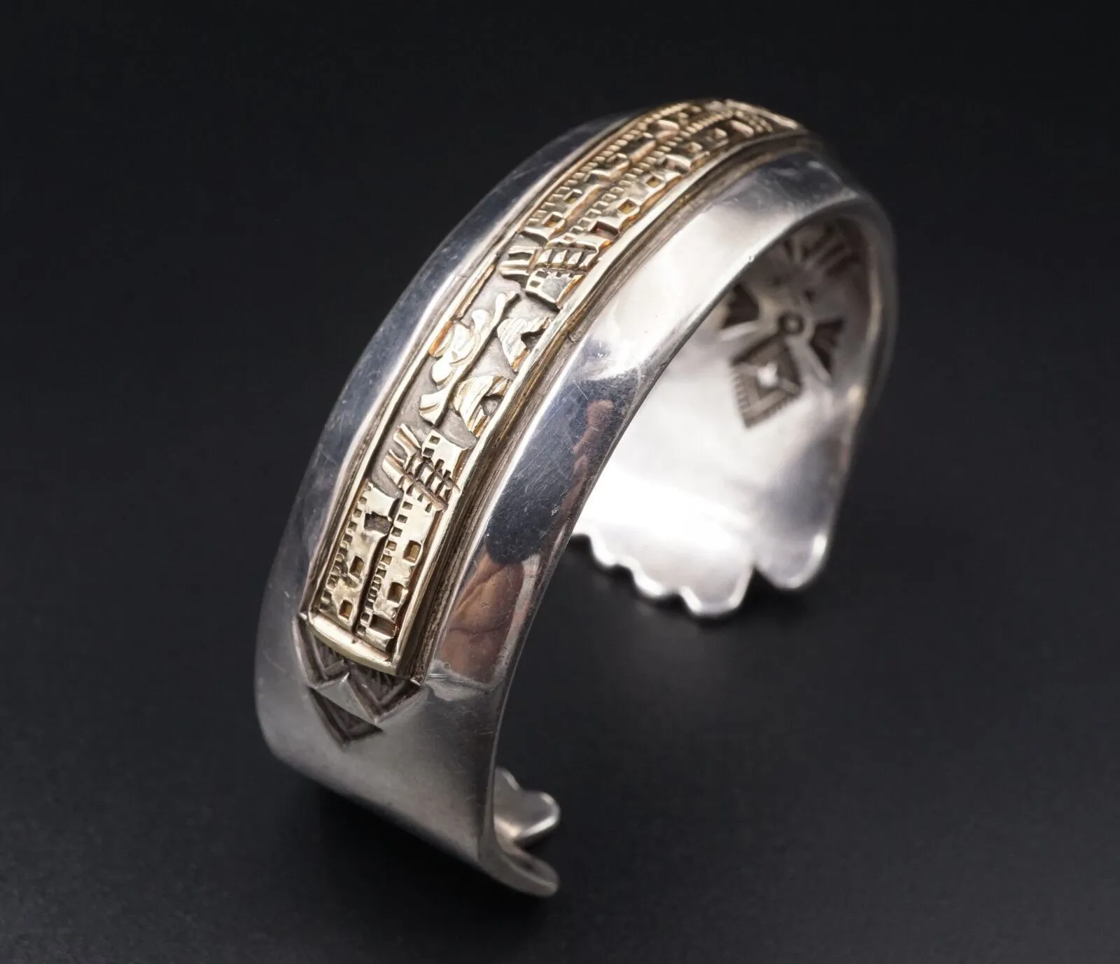 Navajo James Pioche Sterling Silver 14k Gold Pueblo Scene Cuff Bracelet BS1789