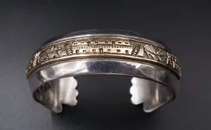 Navajo James Pioche Sterling Silver 14k Gold Pueblo Scene Cuff Bracelet BS1789