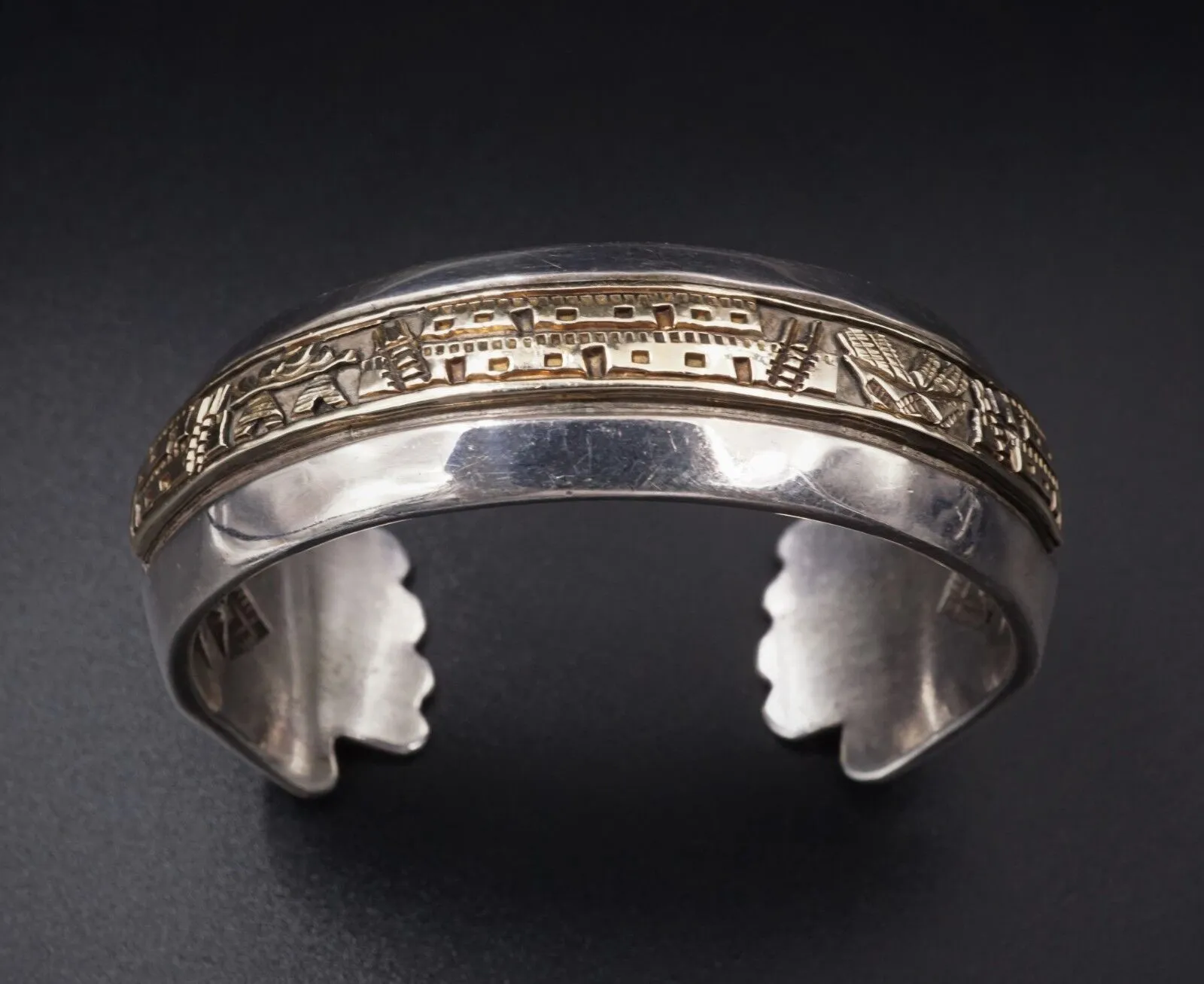 Navajo James Pioche Sterling Silver 14k Gold Pueblo Scene Cuff Bracelet BS1789